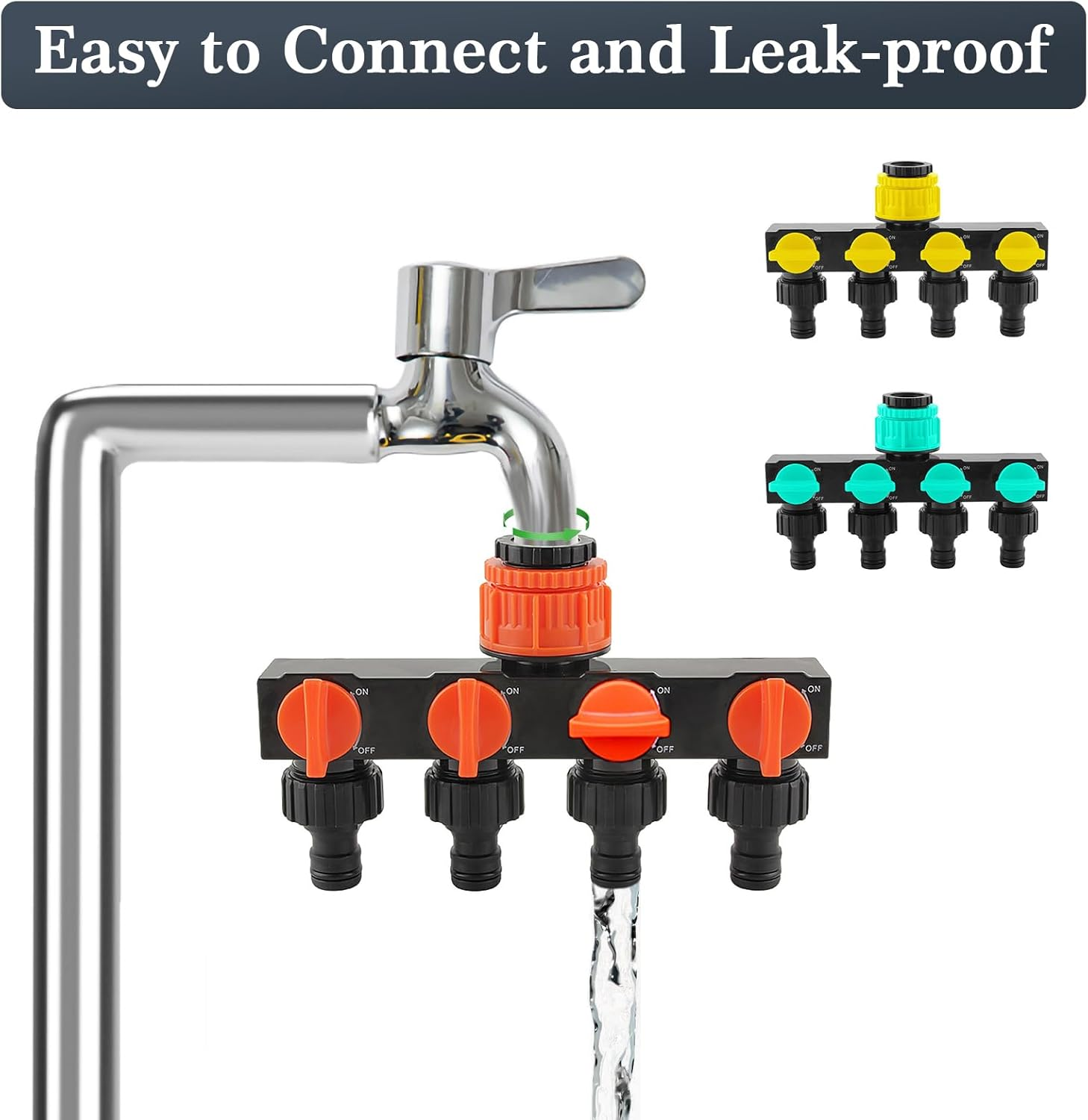 Faucet Splitter Garden Hose Connector 4-Way Garden Hose Splitter with Independent Valves, 3-Size Faucet Compatibility (GHT1/2, GHT3/4, GHT1) (Blue) image number 1