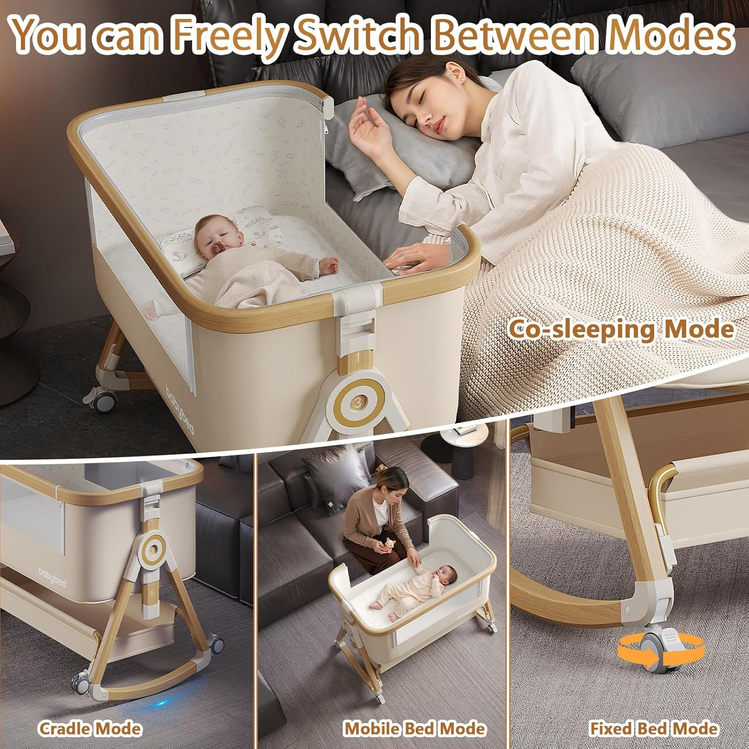 Adjustable 3 in 1 Baby Bassinets, Baby Bassinets Bedside Sleeper, Bedside Crib with Wheels, Storage Basket, Mosquito Netting,Portable Newborn/Crib image number 3