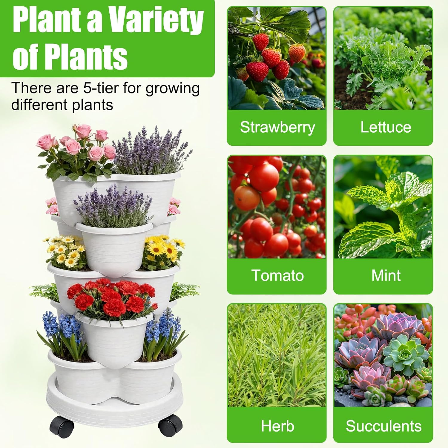 Vertical Planter, 5 Tier Stackable Planters, Indoor Outdoor Gardening Pots with Removable Wheels and Tools, Vegetable Planter for Grow Herbs, Strawberries, Flowers, Succulents image number 5