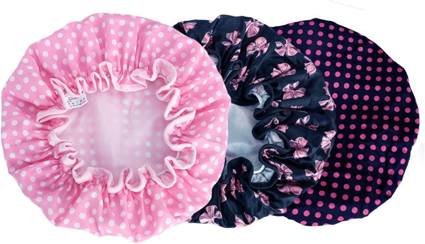 Kissdate 3 Packs Double Layer Shower Cap Waterproof Elastic Bath Cap for Women Shower Spa Salon image number 4