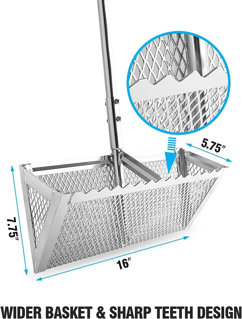 Exact Design Sand Flea Rake, Anodized Aluminum One Piece Strong 58" Long Handle, 16-Inches Wide Basket, Sharp Teeth, Curved Handle Design [Revision Version]