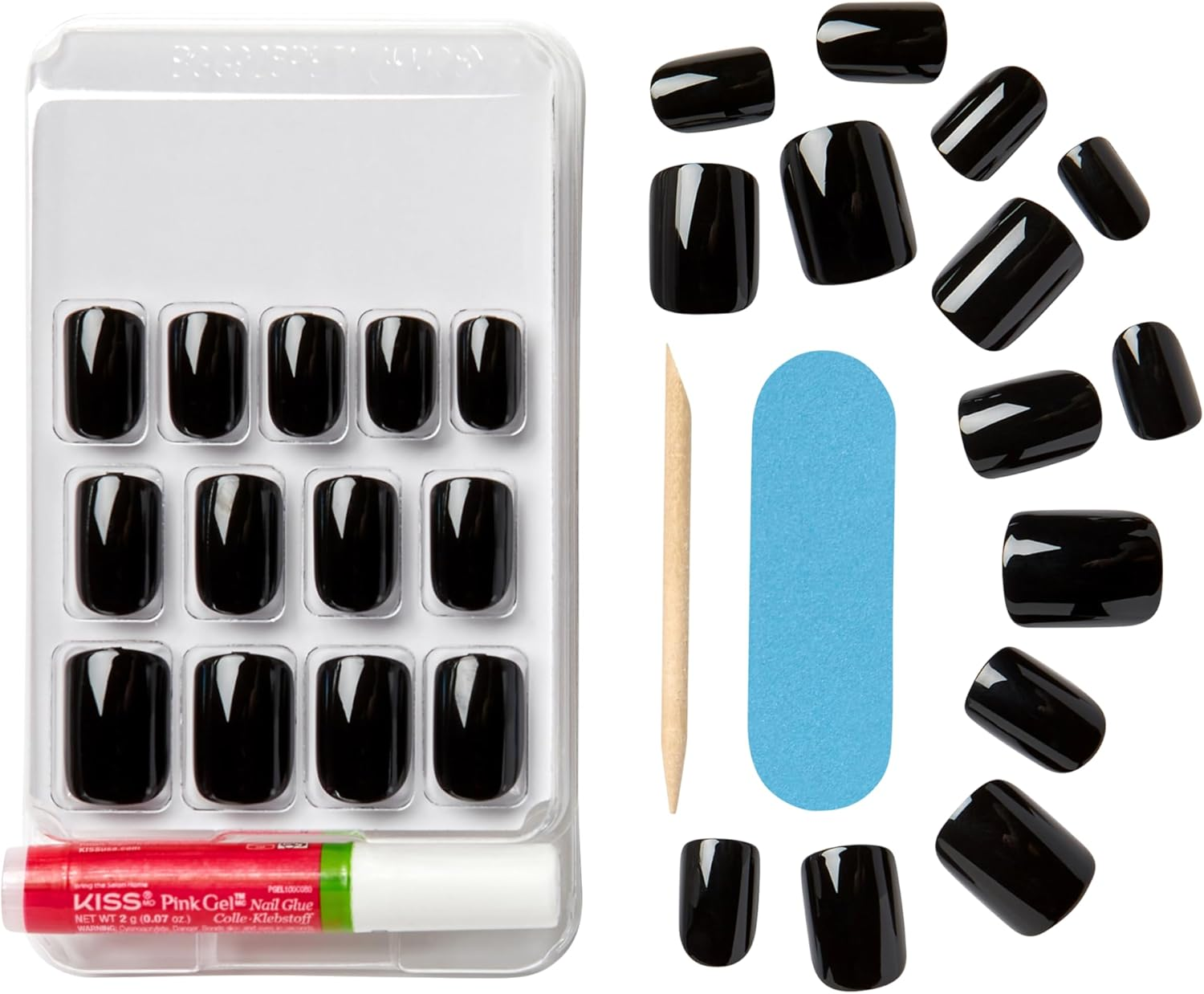 KISS Gel Fantasy Ready-To-Wear Press-On Gel Nails, &ldquo;Aim High&rdquo;, Short, Black, Nail Kit with 24 Mega Adhesive Tabs, Pink Gel Glue, Manicure Stick, Mini File, and 28 Fake Nails image number 3