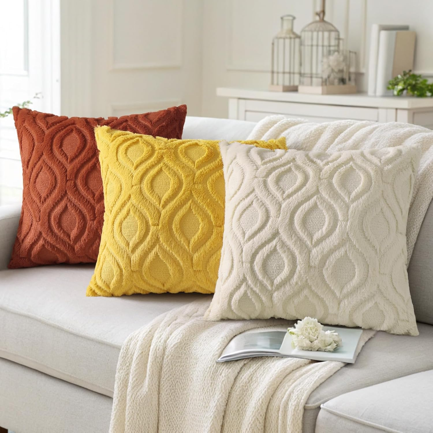 Fall Throw Pillow Covers 18X18 Inch Set of 2, Soft Plush Faux Wool Turquoise Solid Couch Pillow Covers, Accent Farmhouse Neutral Square Pillow Cases for Sofa Bed Living Room Home Decor - Grey image number 2