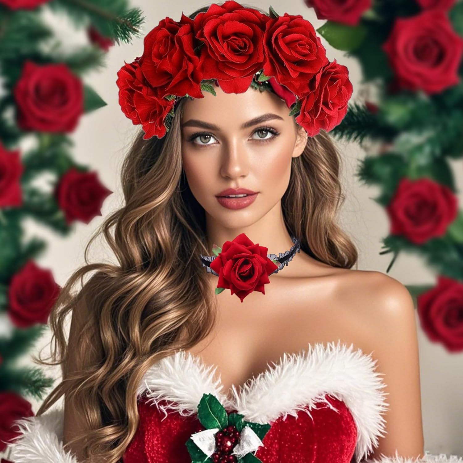 Halloween Floral Crown Stretch Headband - Boho Floral Hairband for Women and Girls - Rose Festival Headband Garland Headwear - Bridal Headbands Headdress - Day of the Dead Headwear