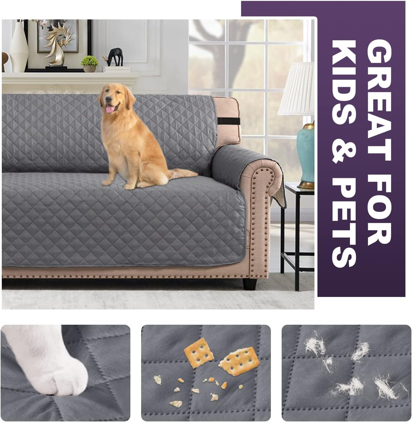 H.VERSAILTEX Sofa Slipcover Reversible Sofa Cover Water Resistant Couch Cover with Adjustable Straps, Washable Couch Cover for Kids, Dogs, Pets (3 Seater Sofa, Grey/Beige) image number 3