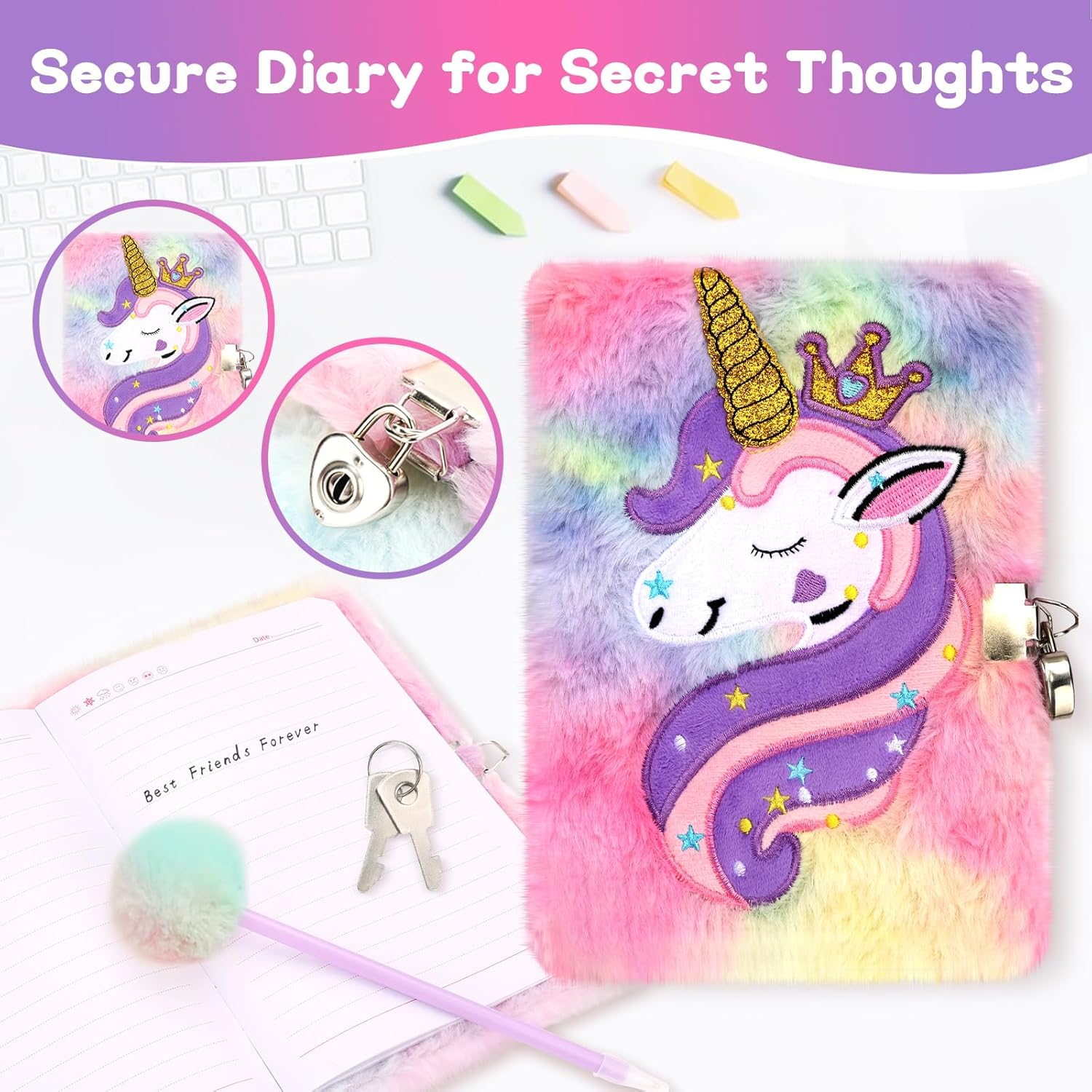 Unicorn Toys for Girls - Girls Toys 4 5 6 7 8-12 Years Old with Light up Stars Pillow/Purse/Diary with Lock/Adjustable Hat & Gem Stickers/Unicorn Gifts Birthday Christmas Easter image number 6