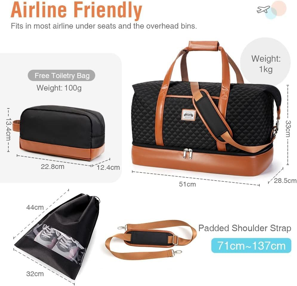 Lekebobor Travel Duffel Bag for Women, Overnight Weekender Bag with Toiletry Bag for Women, Waterproof Carry on Bag Hospital, Gym, Sport (50L, Black) image number 2