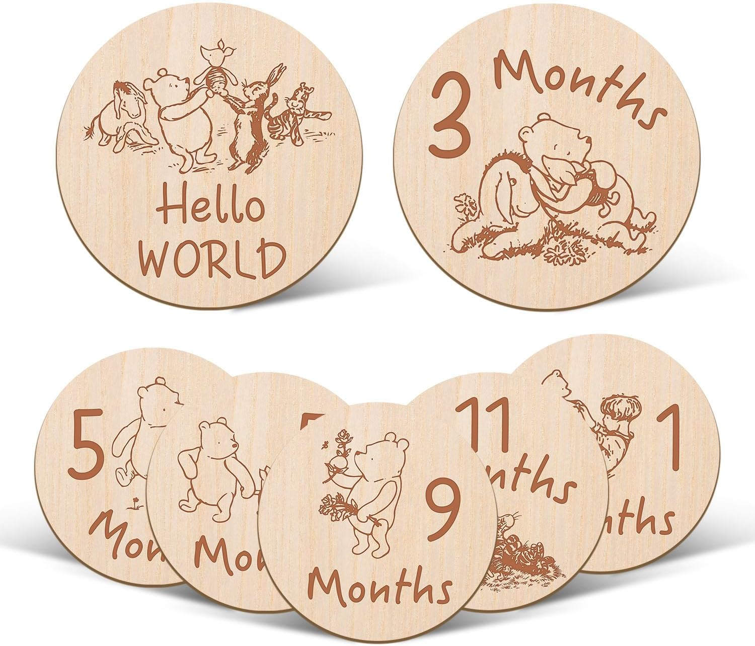 7 Pcs Winnie Baby Monthly Milestone Markers, Winnie Double Sided Winnie Baby Months Wooden Signs with Storage Bag, Winnie Baby Shower Gifts, Winnie Baby Monthly Announcement Wooden Discs, Winnie Gifts image number 2