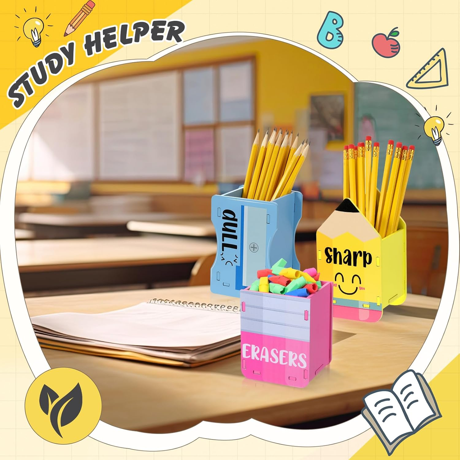 Amazingspark 3 Pcs Pencil Shaped Holder Sharp and Eraser and Dull Holder Wooden Dispenser Pencil Storage Organizer for Back to School Management Organization(Cute) image number 3