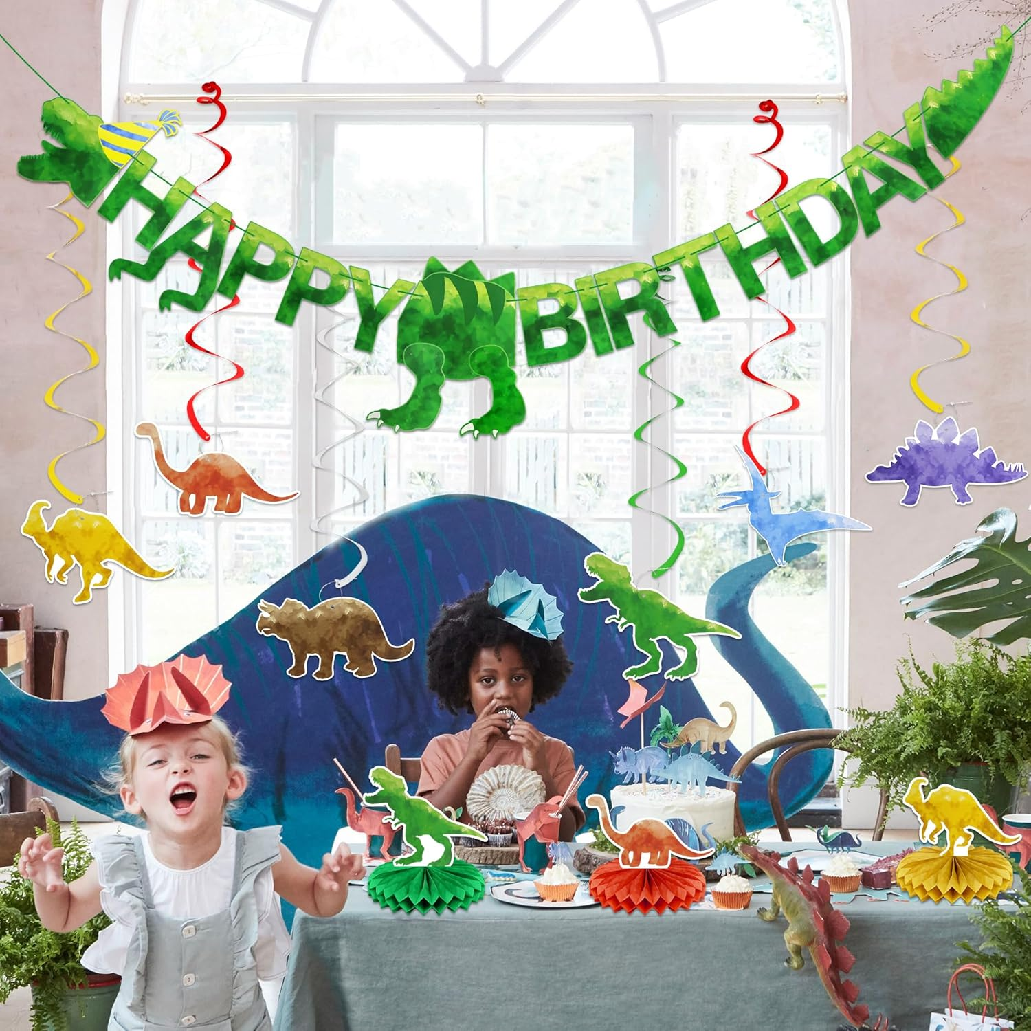 Watercolor Dinosaur Happy Birthday Banner Kids Party Decorations 6 Hanging Swirl Streamer 3 Honeycomb Centerpieces image number 5