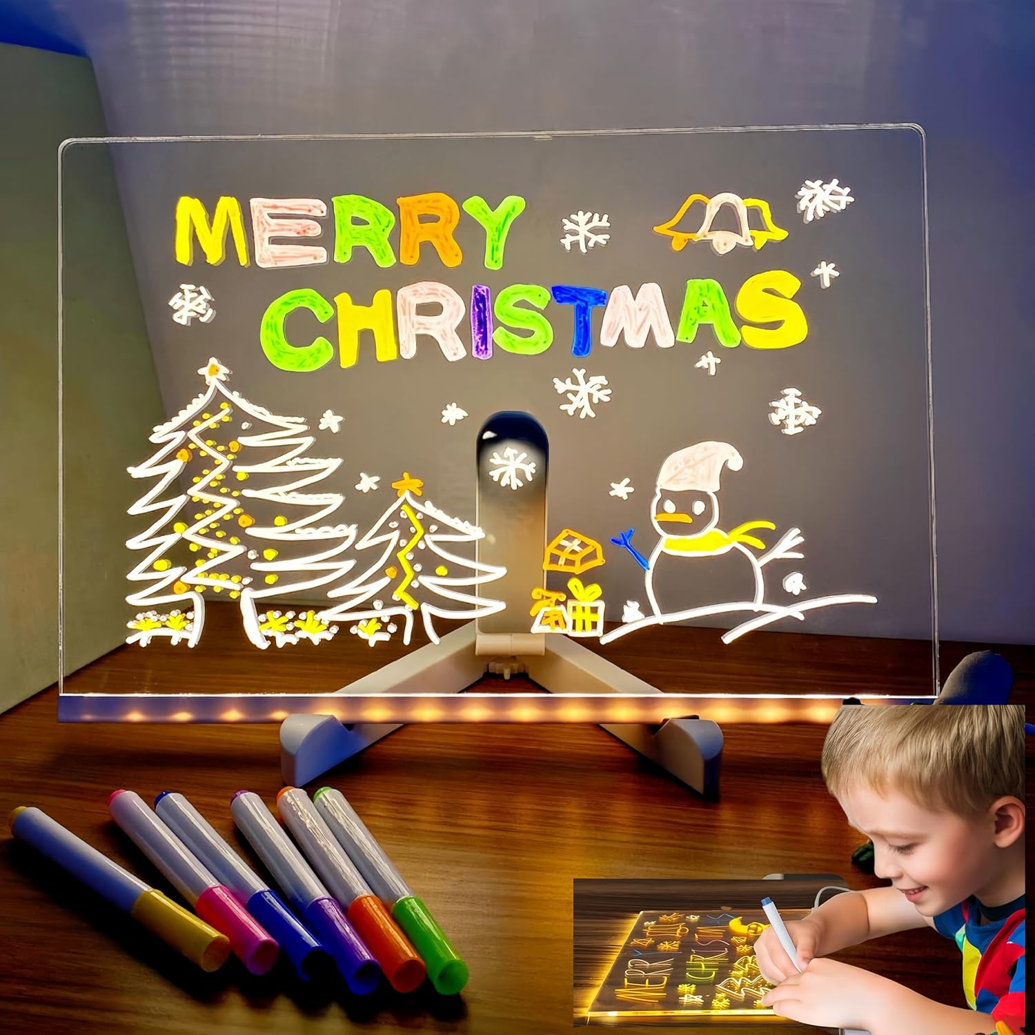 Febohao Led Acrylic Board Light up Drawing Board Noteboard with Colors Dry Erase Board with 7 Pens (11.8 X7.9 In) image number 6