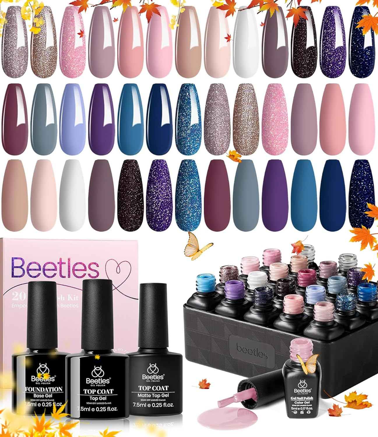 Beetles Gel Polish Nail Set 20 Colors Elegant Allure Collection Pink Purple Navy Blue Glitter Gel with 3 Pcs Base Matte and Glossy Top Coat Led Soak off Trendy All Season Manicure Kit for Women image number 5