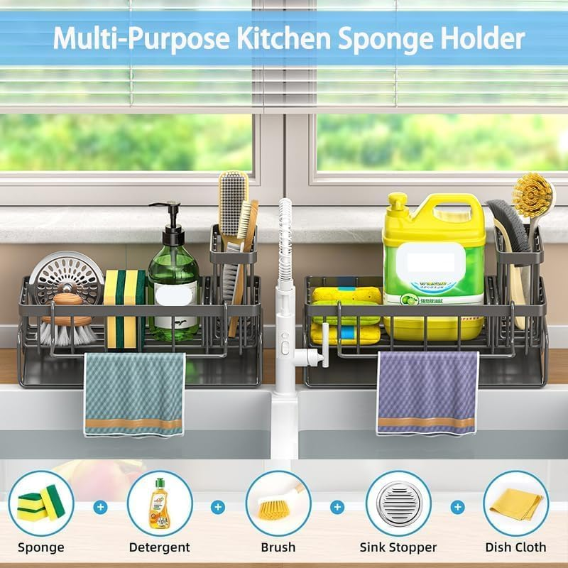 Rust-Resistant Kitchen Sink Organizer | Self-Draining 45&deg; Drip Tray & Detachable Brush/Scrubber Holder | Towel Rack, Sponge Storage & Space-Saving Design for Sink Accessories image number 3