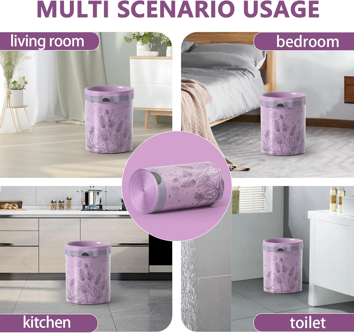 4 Gallon Trash Bags Drawstring, Colorful & Portable Small Trash Bags with Lavender Printed, Tear-Resistant Garbage Bags 4 Gallon for Bathroom Office Trash Cans, 50 Counts 1.5 Liter image number 3