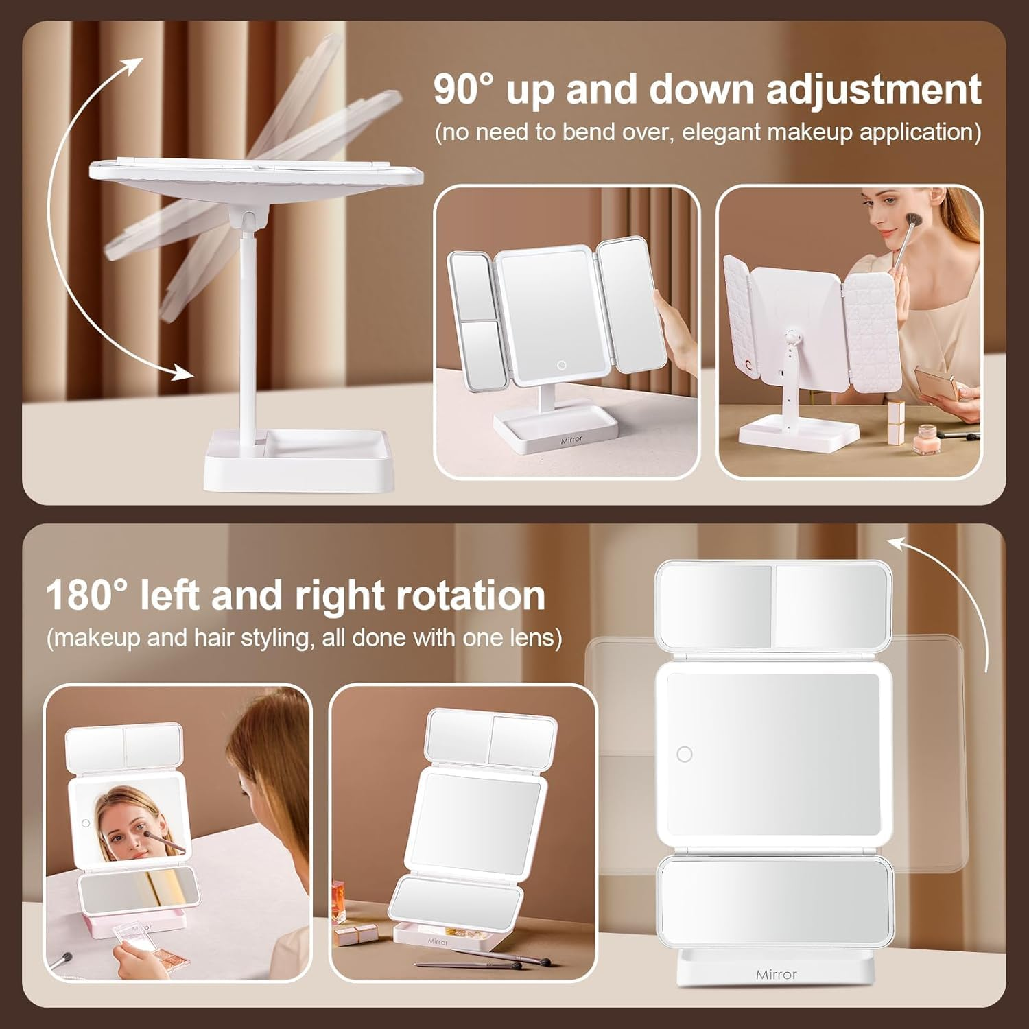 Vanity Mirror with Lights & 2X/3X Magnification &ndash; Touch Control Tri-Fold LED Makeup Mirror | 3 Color Modes, USB Rechargeable (White, Perfect Women&rsquo;S Gift)