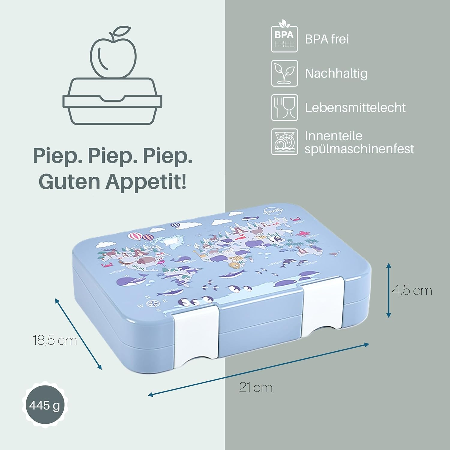 Jenard Lunch Box, Bento Box, Lunch Box, Vesper Box for Children with Compartments, Leak-Proof, Dishwasher Safe, Child-Friendly and Bpa-Free, Blue with an Educational World Map Full of Animals image number 1