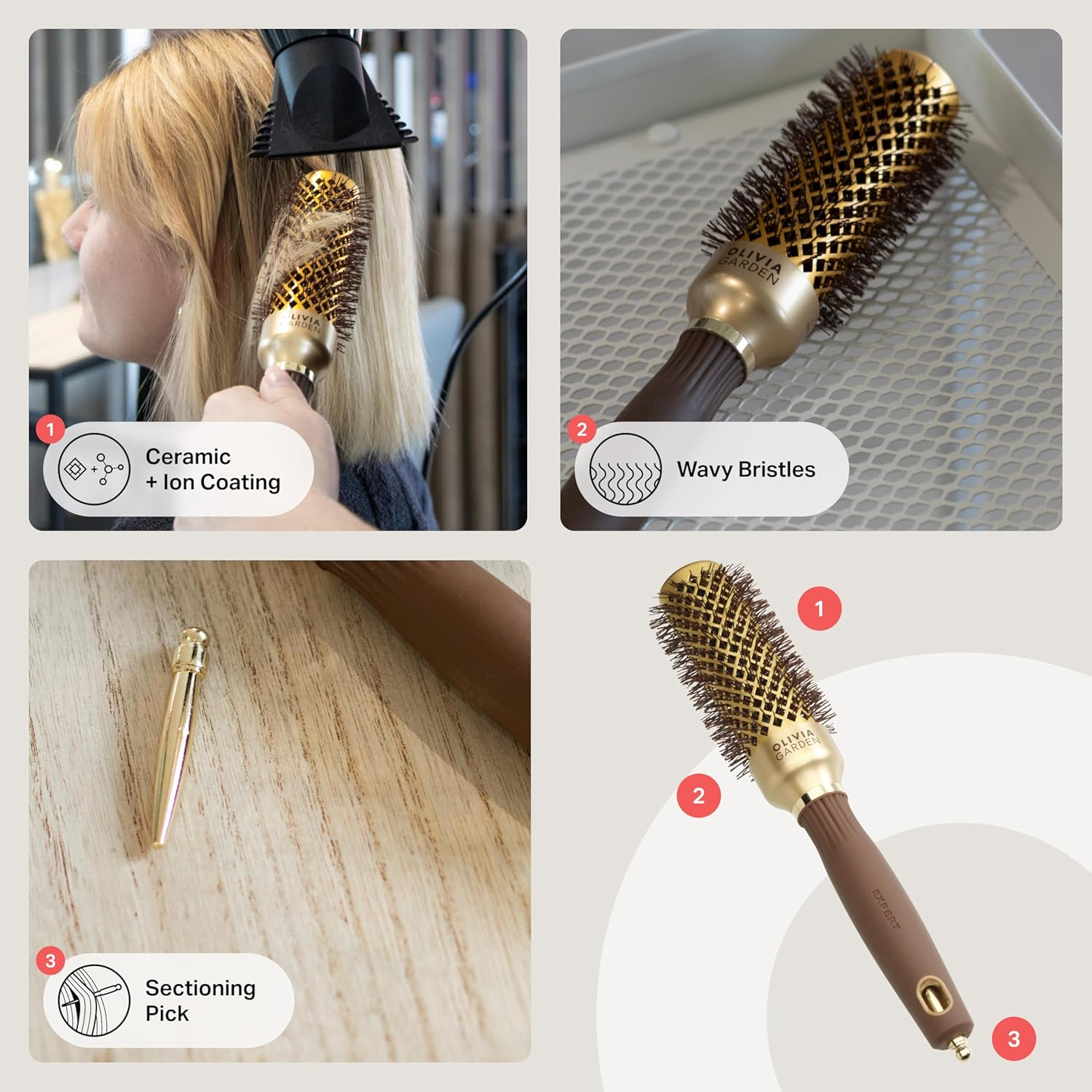 Olivia Garden Expert Blowout Shine &ndash; Gold & Brown - 35 - Ceramic Coated round Brush for Smooth Blowout, Frizz-Free Hair & Radiant Shine image number 6