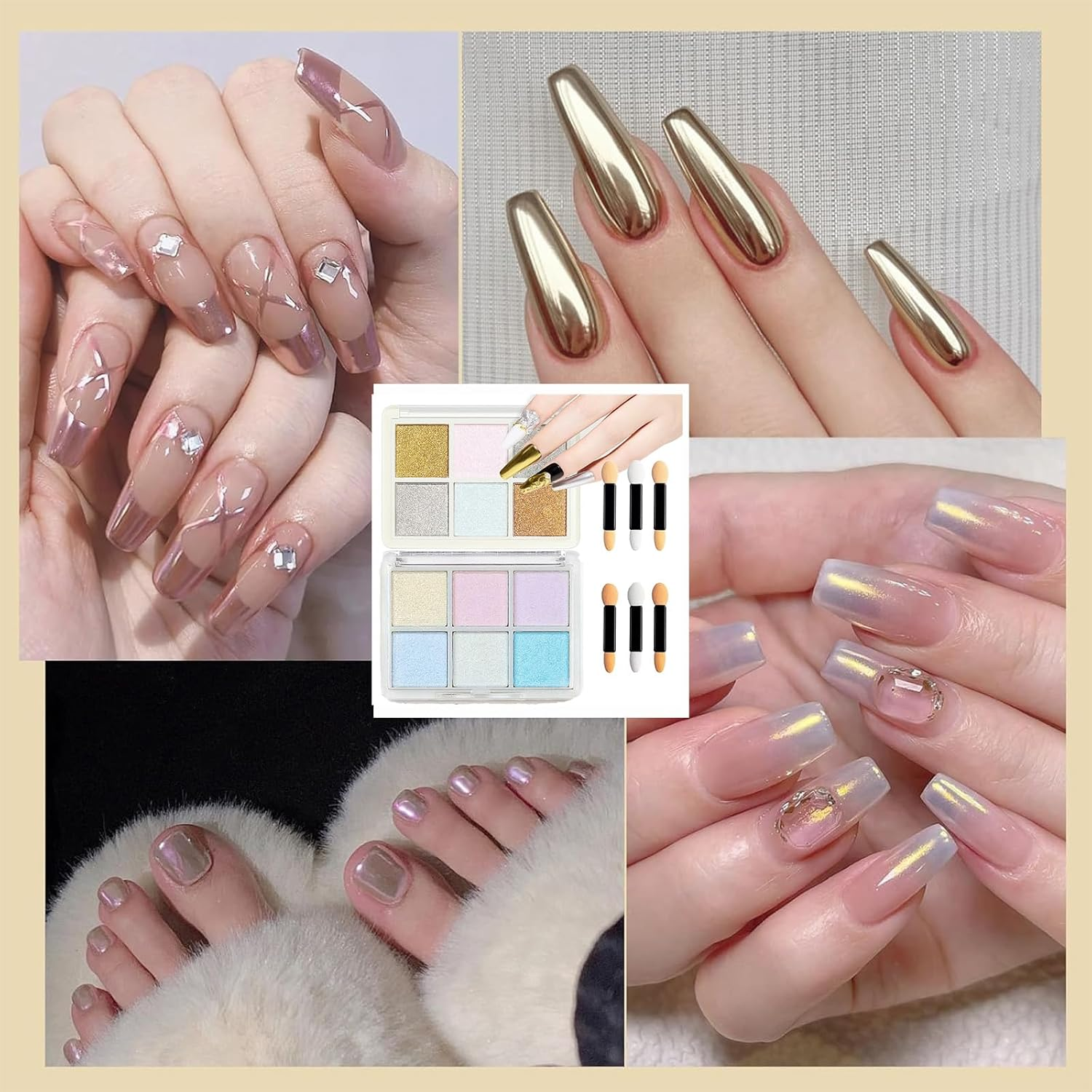 Chrome Nail Powder &ndash; Gold & Silver Iridescent Pearl Chrome Powder, Holographic Mermaid Glitter Pigment for Nails, Aurora Mirror Effect(2 Set12 Colors) image number 5