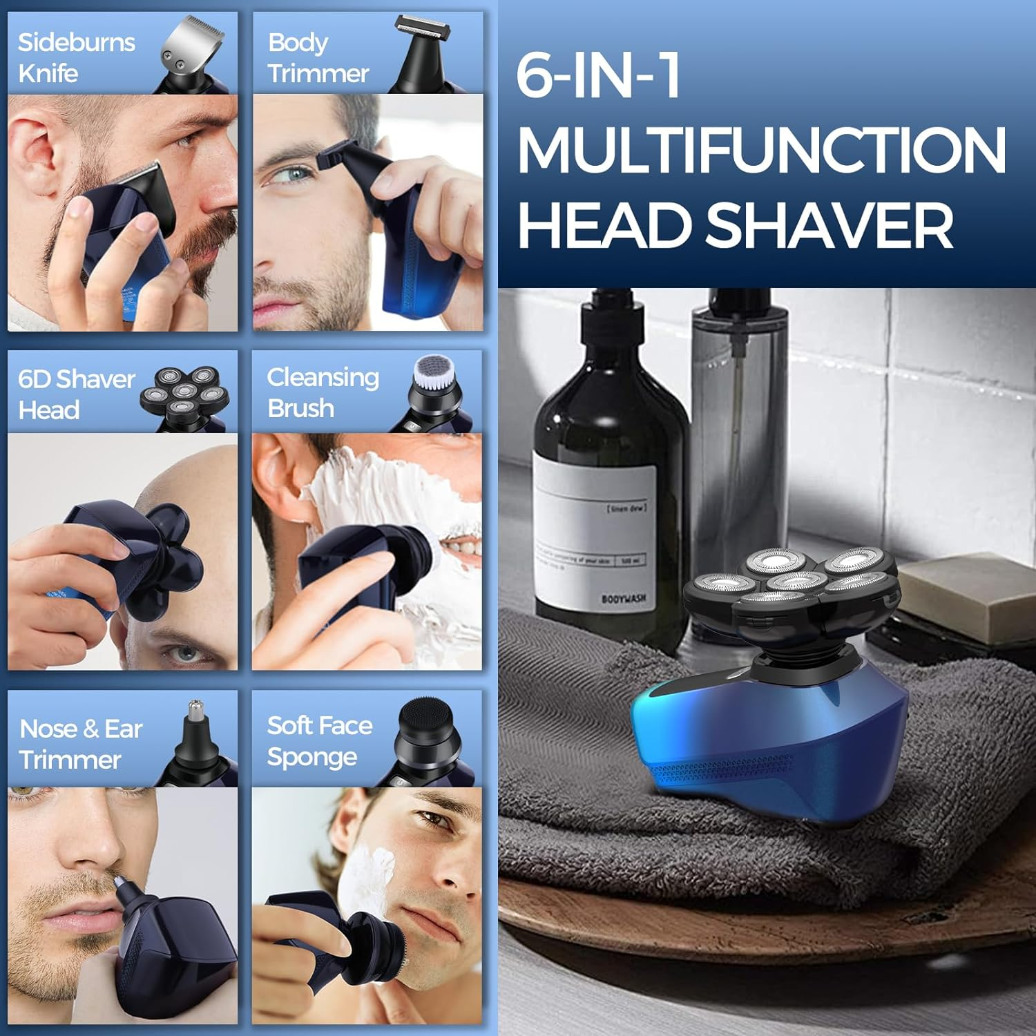 Head Shaver for Bald Men,5 in 1 Bald Head Shavers for Men Cordless,Waterproof Wet Dry Mens Electric Shavers for Face Shaving,Rechargeable Electric Razor for Mans Shaver Hair Razor USB image number 4