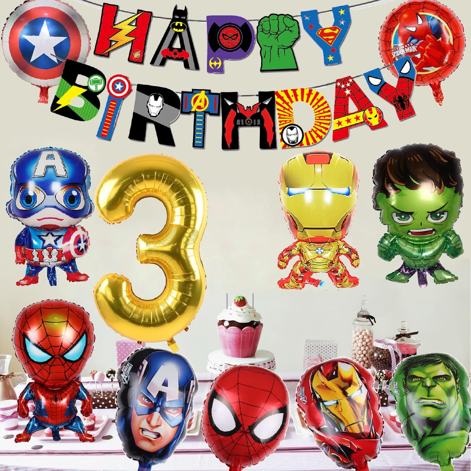 Superhero Birthday Party Decorations,3Th Birthday Party Supplies - Happy Birthday Banner Super Hero Large Foil Balloons for Kid'S Boys, Girls Superhero Themem Party Decor Supplies(3Rd)