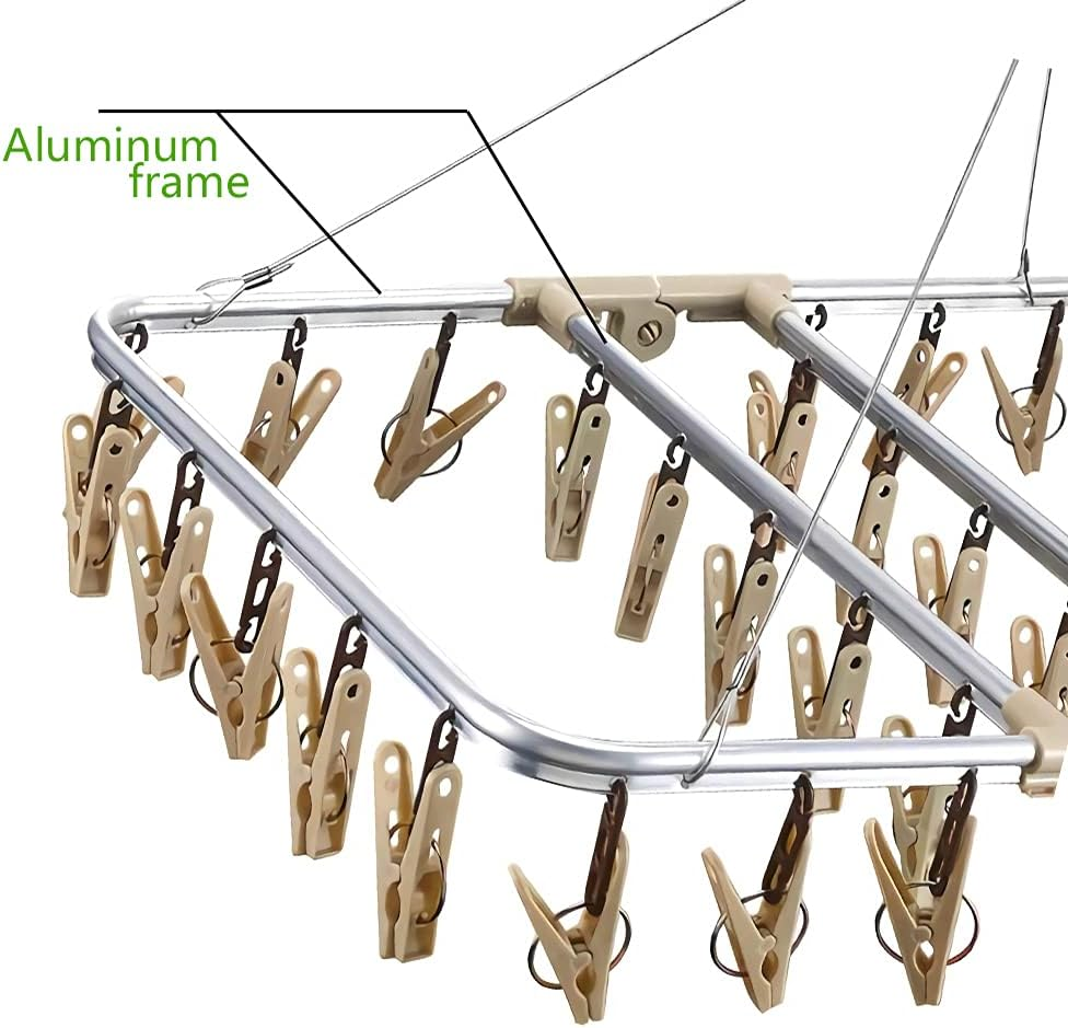 Sock Hanger for Washing Line Windproof Aluminum Sock Dryer with 32 Clothes Pegs Airer Clothes Dryer for Underwear Hats Socks and Small Laundry Items (Beige)
