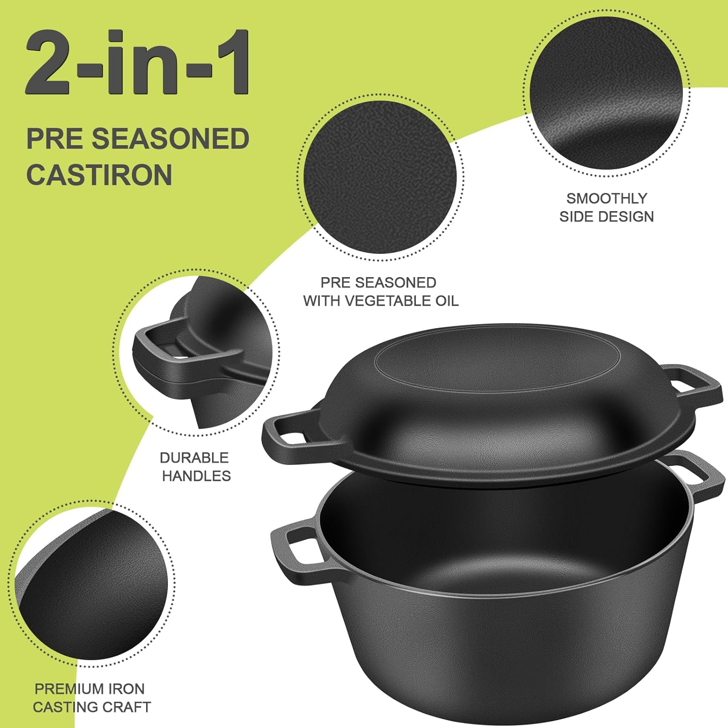 RAINBEAN 2-In-1 Pre-Seasoned Cast Iron Dutch Oven Pot with Skillet Lid Cooking Pan,5.5 QT Dual Handles Dutch Oven Pot with Lid,Heavy-Duty Non-Stick round Dutch Oven for Bread Baking, Stewing, Roasting image number 4