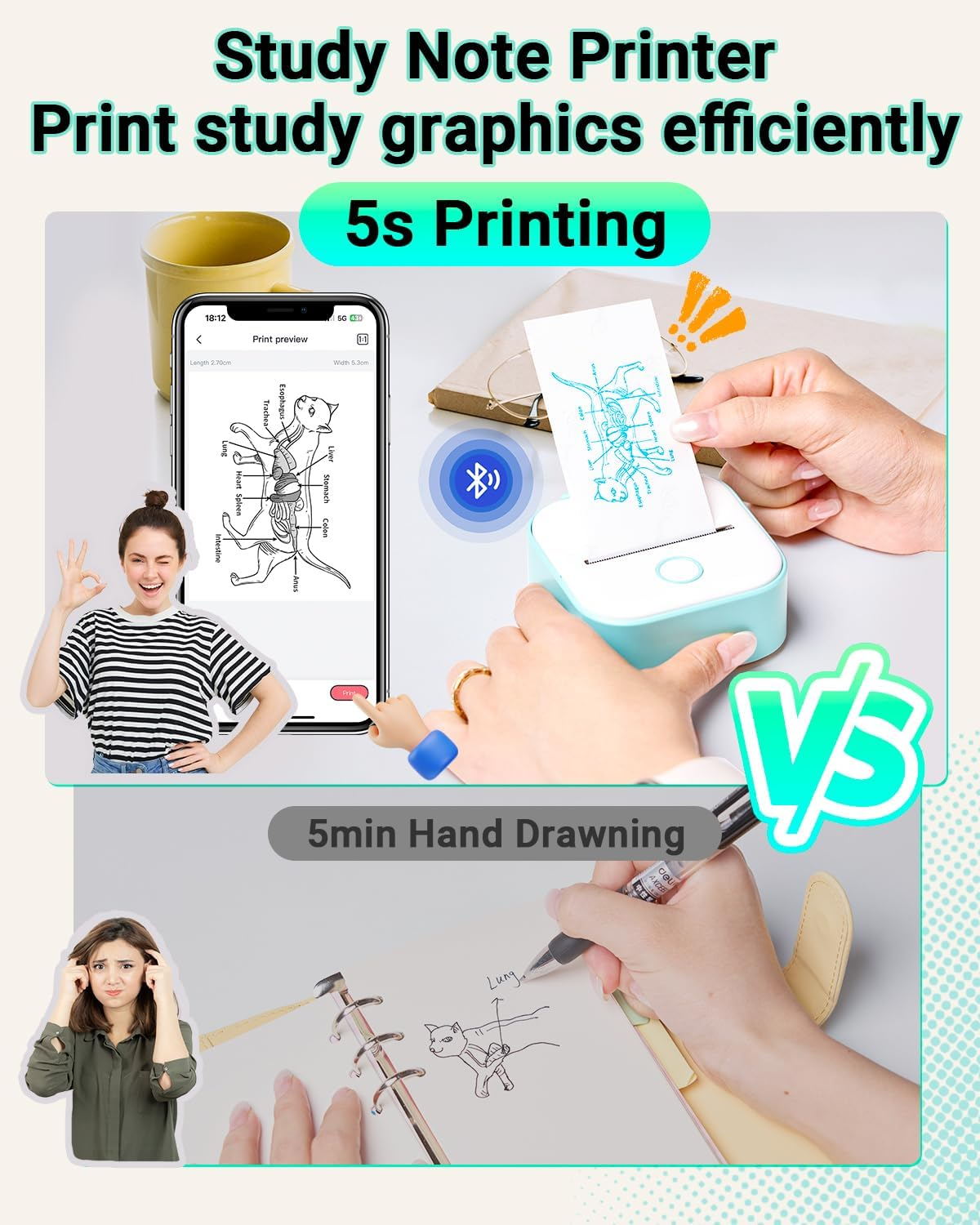 Print Pods Mini Printer - Memoking T02 Sticker Printer Portable Thermal Printer Inkless Printer Sticker Maker Machine Pocket Printer Phone Printer for Study Graphic, Anatomical Diagram, Photo, Green