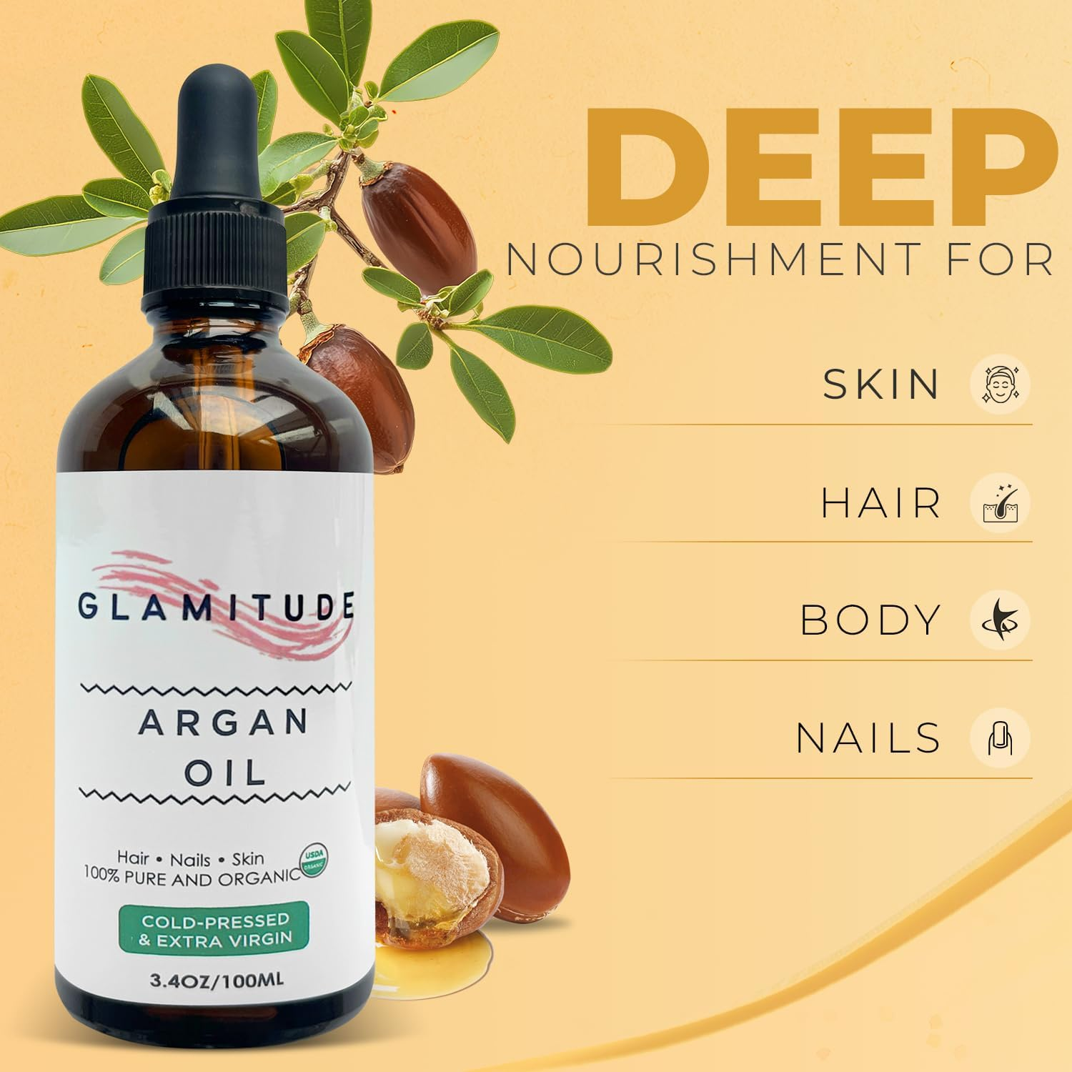 Argan Oil Hair Growth Serum - Heat Protection Spray & Hair Applicator | Cuticle, Body & Beard Care | Curly Hair & Massage Oil | Eyelash & Nail Kit - 100Ml image number 5