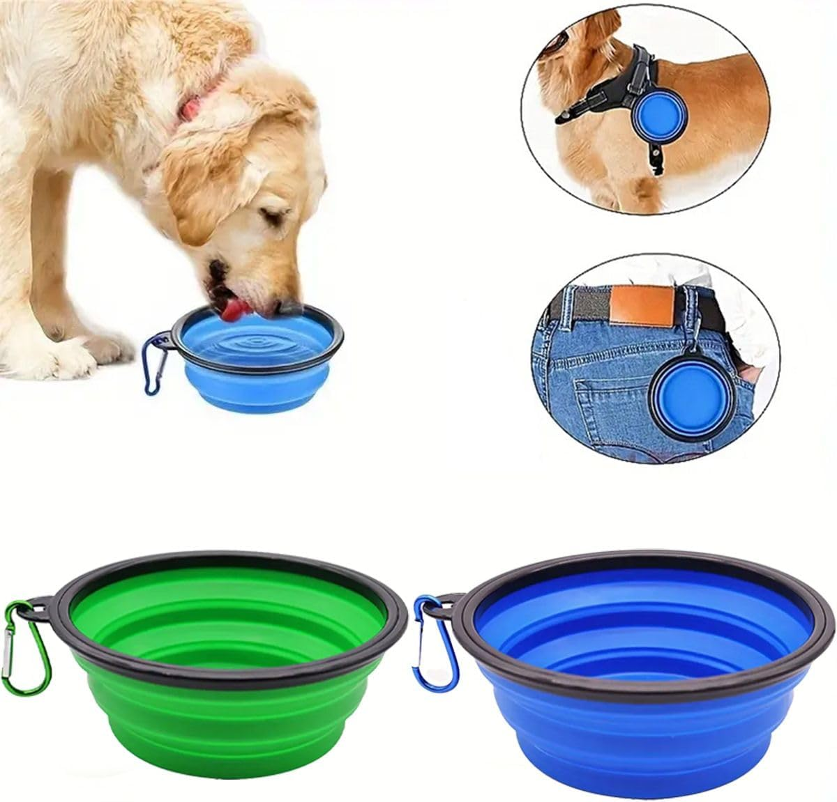 Pack of 2 Foldable Dog Bowls, 350 Ml Foldable Dog Travel Bowls, Portable Dog Water Food Bowl with Closure, Pet Cat Food Cup for Travel, Hiking (Blue and Green) image number 1