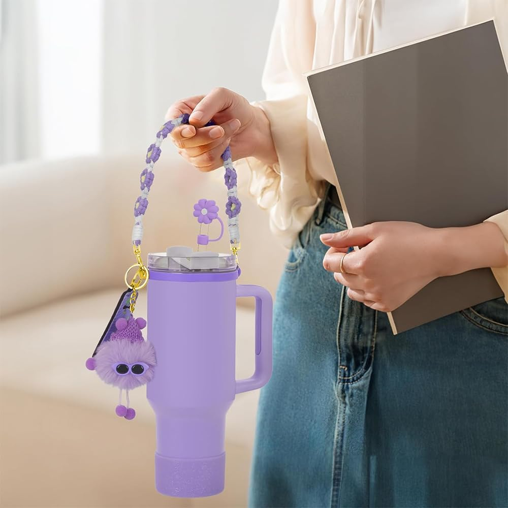 6 PCS Cup Accessories for Stanley Cup, Water Bottle Handle Strap for Stanley 30/40 Oz Tumbler with Handle, Including Straw Toppers, Silicone Cup Boot, Soot Sprite Keychain Charms - Purple image number 4