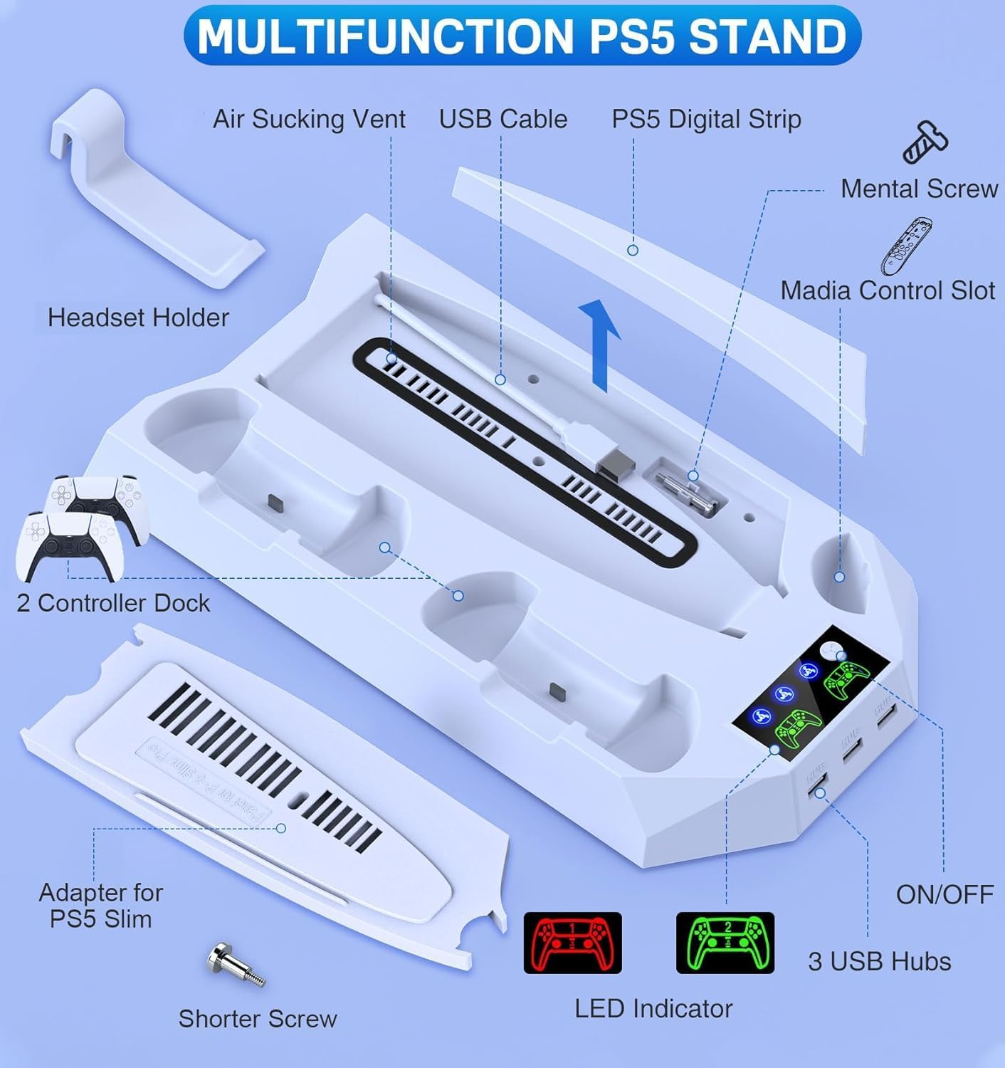 PS5 Cooling Station Stand for Playstation 5 Console, PS5 Slim Pro Cooling Stand with Headset Holder, White image number 3