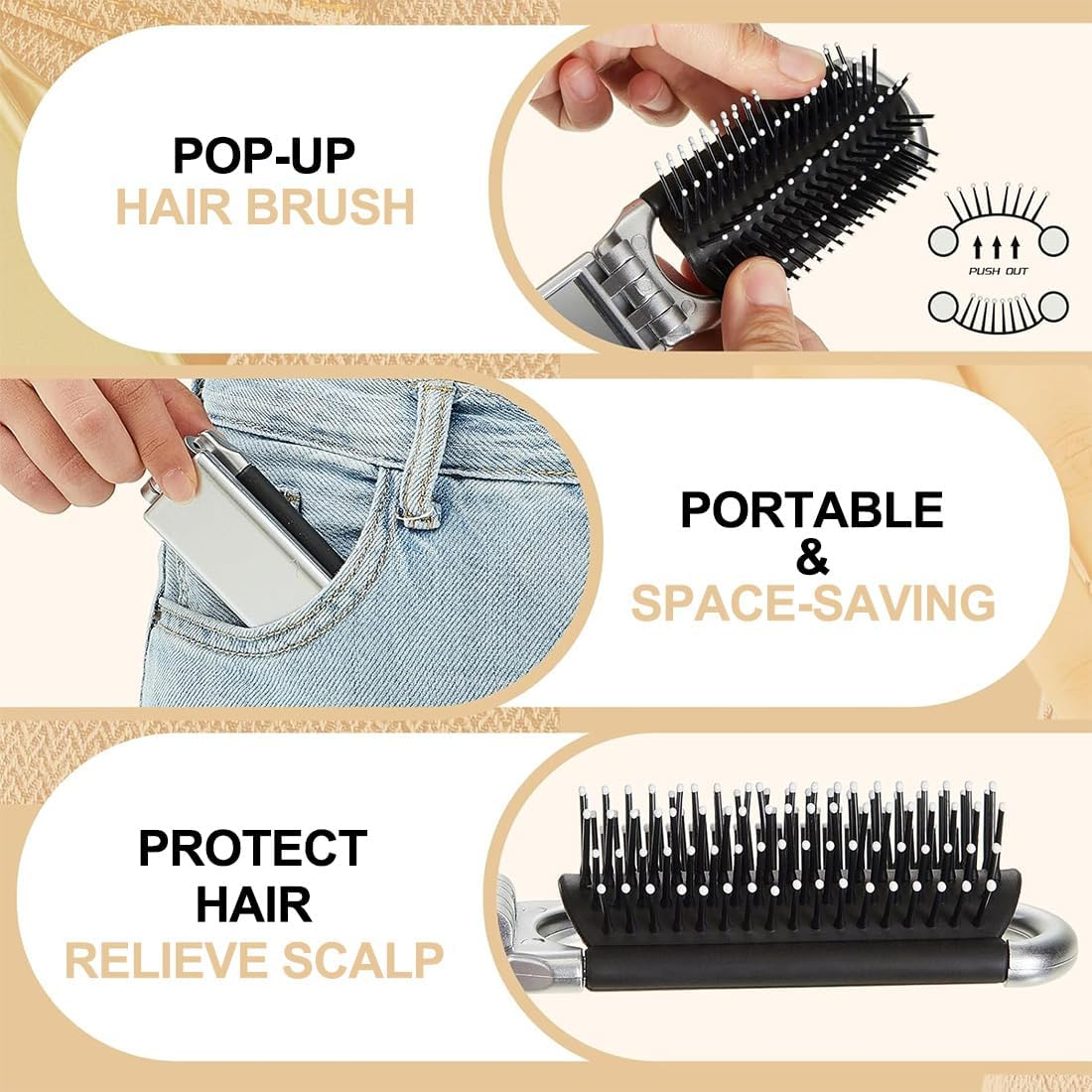 KIRZAX Foldable Travel Hair Brush, Pack of 2 Portable Hair Styling Combs, Hair Combs, Foldable Hair Brush with Mirror, Pockets Hair Comb, Hair Styling Comb for Men and Girls, Silver image number 4