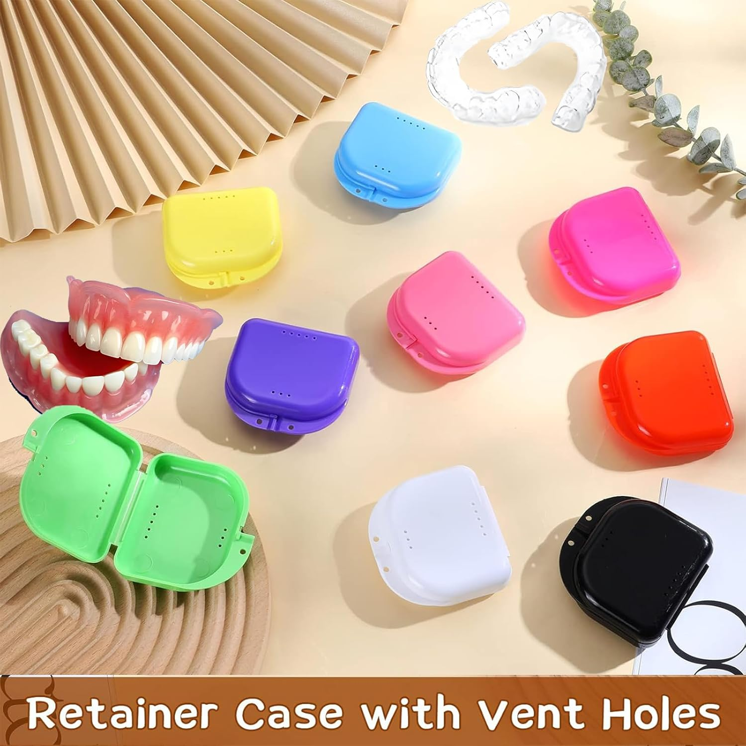 Retainer Case with Vent Holes, 8 Pcs Denture Case, Tight Snap Lock Orthodontic Mouth Guard Case，Red, Pink, Green, White, Yellow, Blue, Black, Purple，Easy to Use image number 3