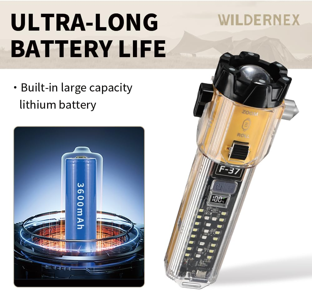 Car Safety Flashlight, Super Range Multi-Function LED Tactical Flashlight, Seat Belt Cutter, Siren, Ignition and Porwer Bank, Powerful Handheld Flashlight for Camping Emergency【Wildernex】 image number 1