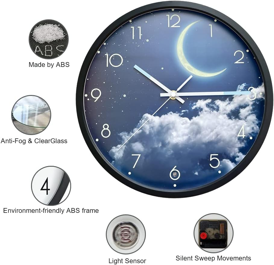OCEST 12 Inch Night Light Wall Clock for Bedroom, Silent Battery-Operated Wall Clock Glow in the Dark for Living Room/Kitchen, Large Digital Display Kids Birthday Present-Moon image number 5