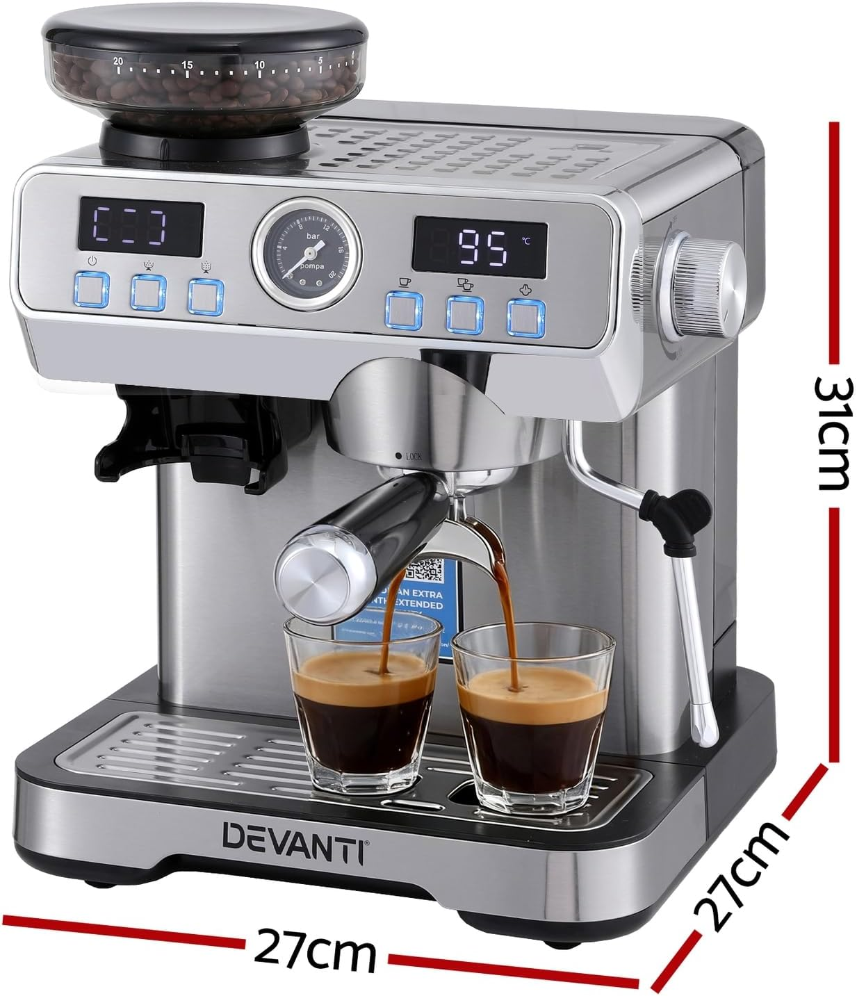 Devanti Coffee Machine with Grinder, 20 Bar Pressure Automatic Espresso Latte Cappuccino Maker Milk Frother Steam Wand Temperature Control 2L Water Tank Home Appliance Clean Brush image number 4