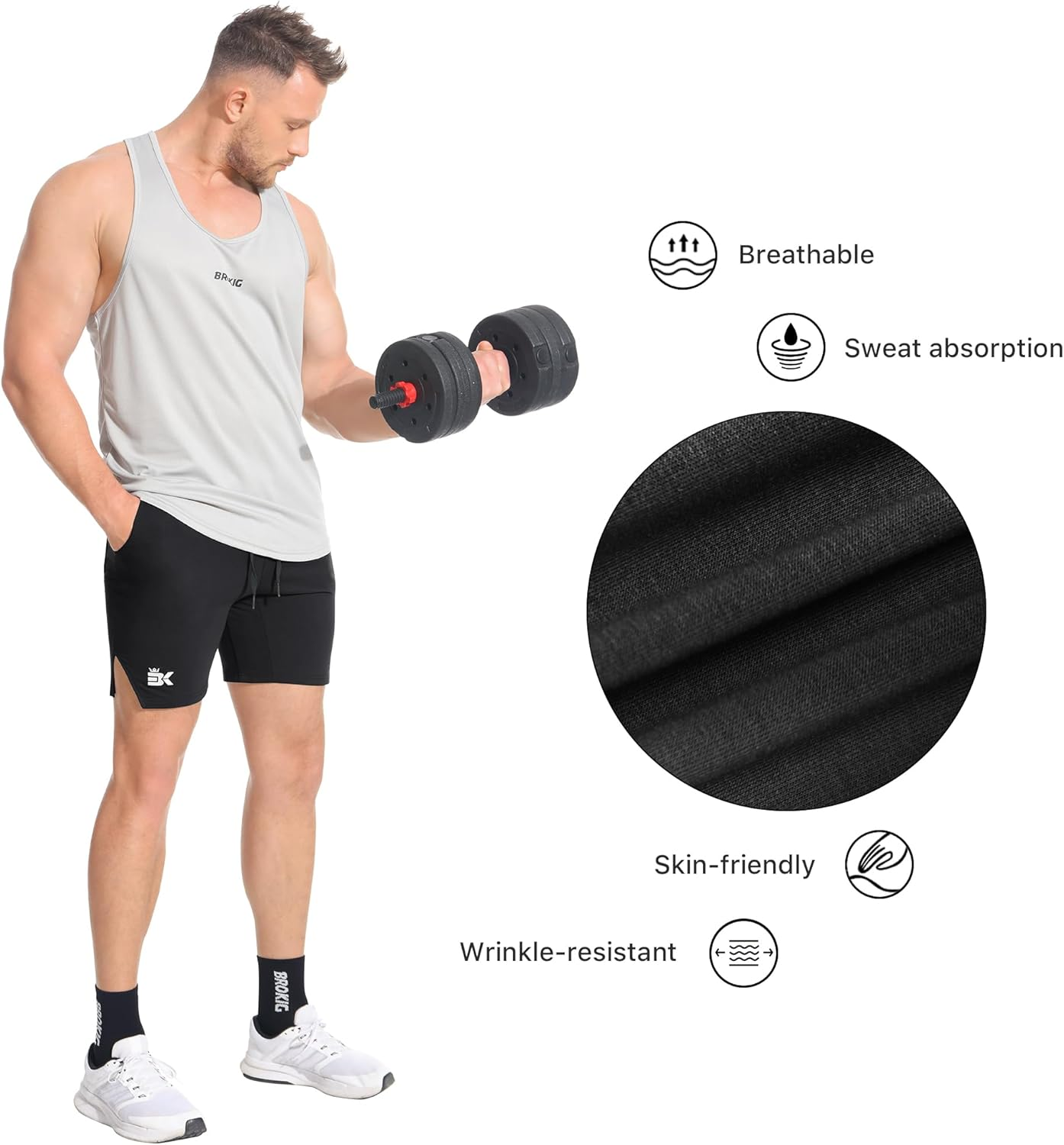 BROKIG Men'S Inpok Gym Running Shorts, Split Leg Sport Workout Fitness Shorts with Zip Pocket image number 3