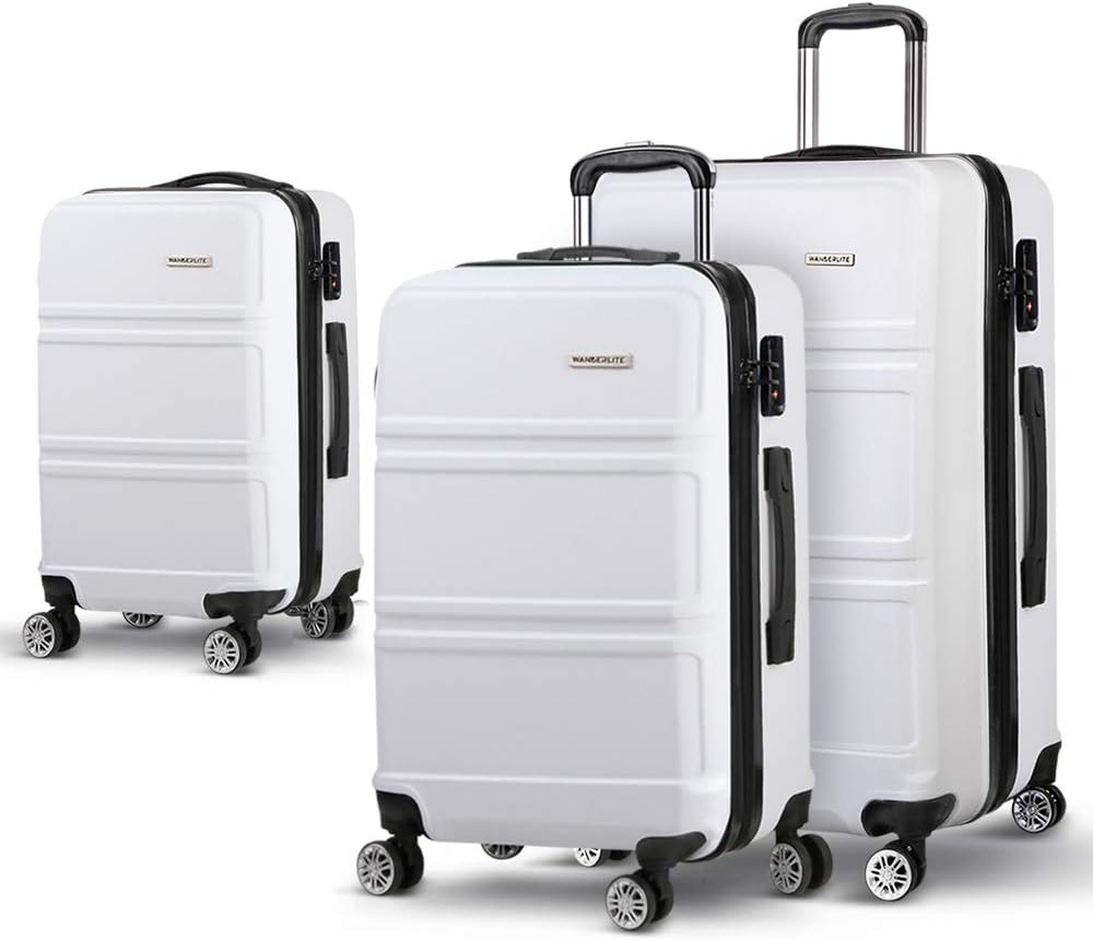 Wanderlite Luggage Set 2Pcs Trolley Suitcase Sets Hard Case Shell, Bag Carry on Adult Kids White Travel Hand Luggages, Lightweight Roller TSA Lock 4 Universal Wheels