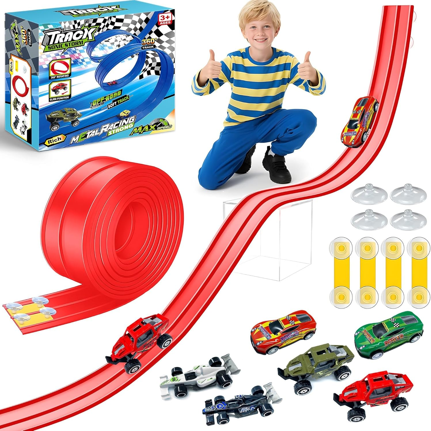 16Ft /500Cm Flex Tracks Car Track Set &ndash; Flexible Race Car Ramp Track with 6 Small Racecars &Suction Cups, Compatible with Hot Wheels &1:64 Diecast Vehicles, Portable Roll-Up Racetrack for Kids Ages 3+