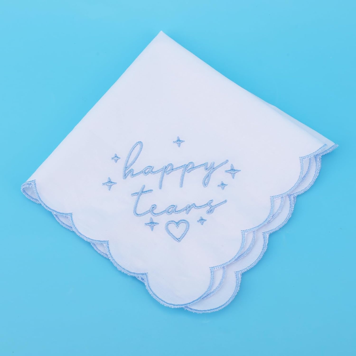 Fukaisu Happy Tears Embroidered Handkerchief, 10X10In/25X25Cm Bridal Handkerchief with Blue Embroidered Scalloped Edges and Hearts image number 2