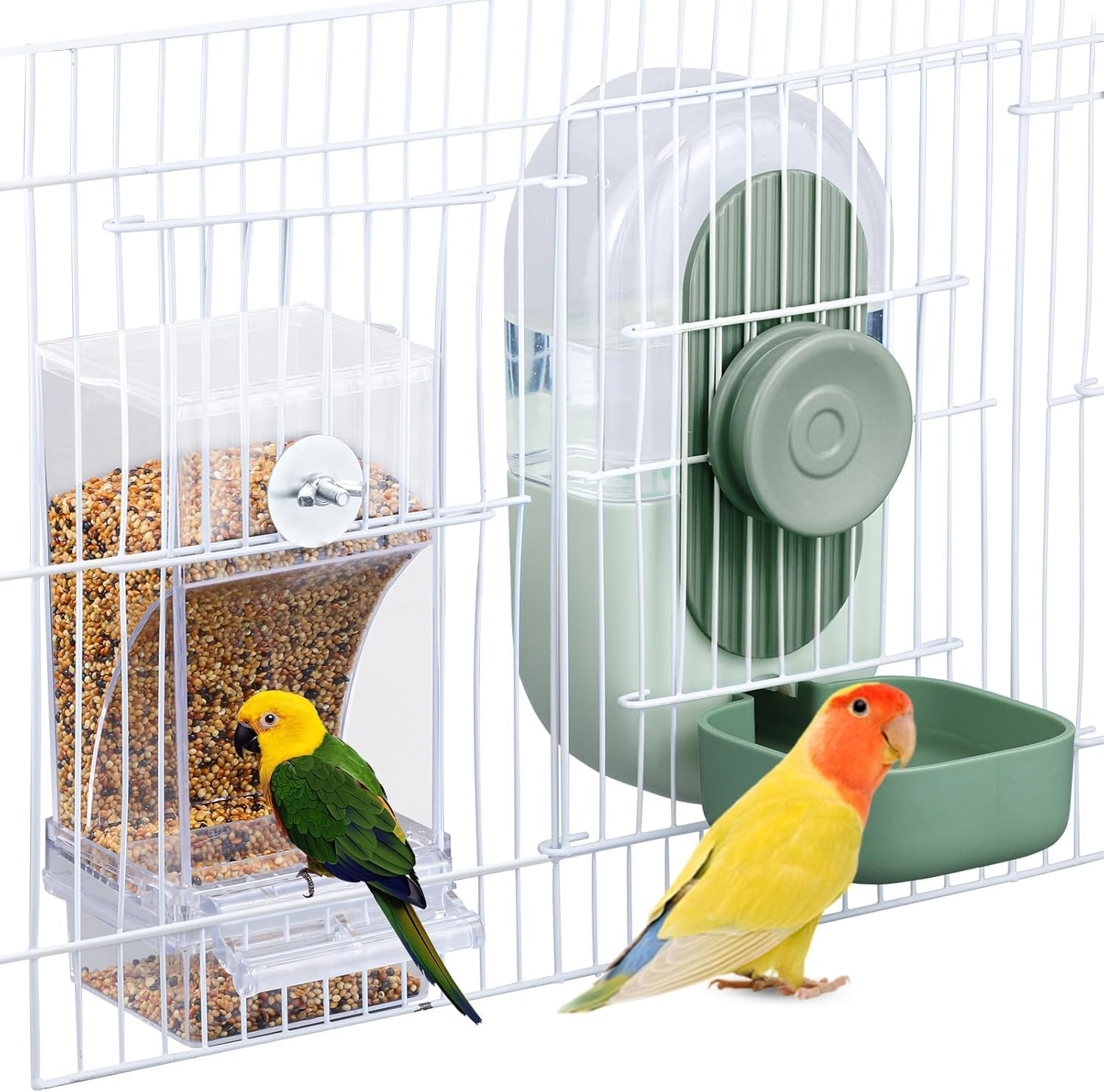 Bird Feeder and Water Dispenser Set, No Mess Automatic Feeding and Hydration, Parakeet Cage Accessories for Parrots, Cockatiels, Finches, Lovebirds and Budgies (Green)