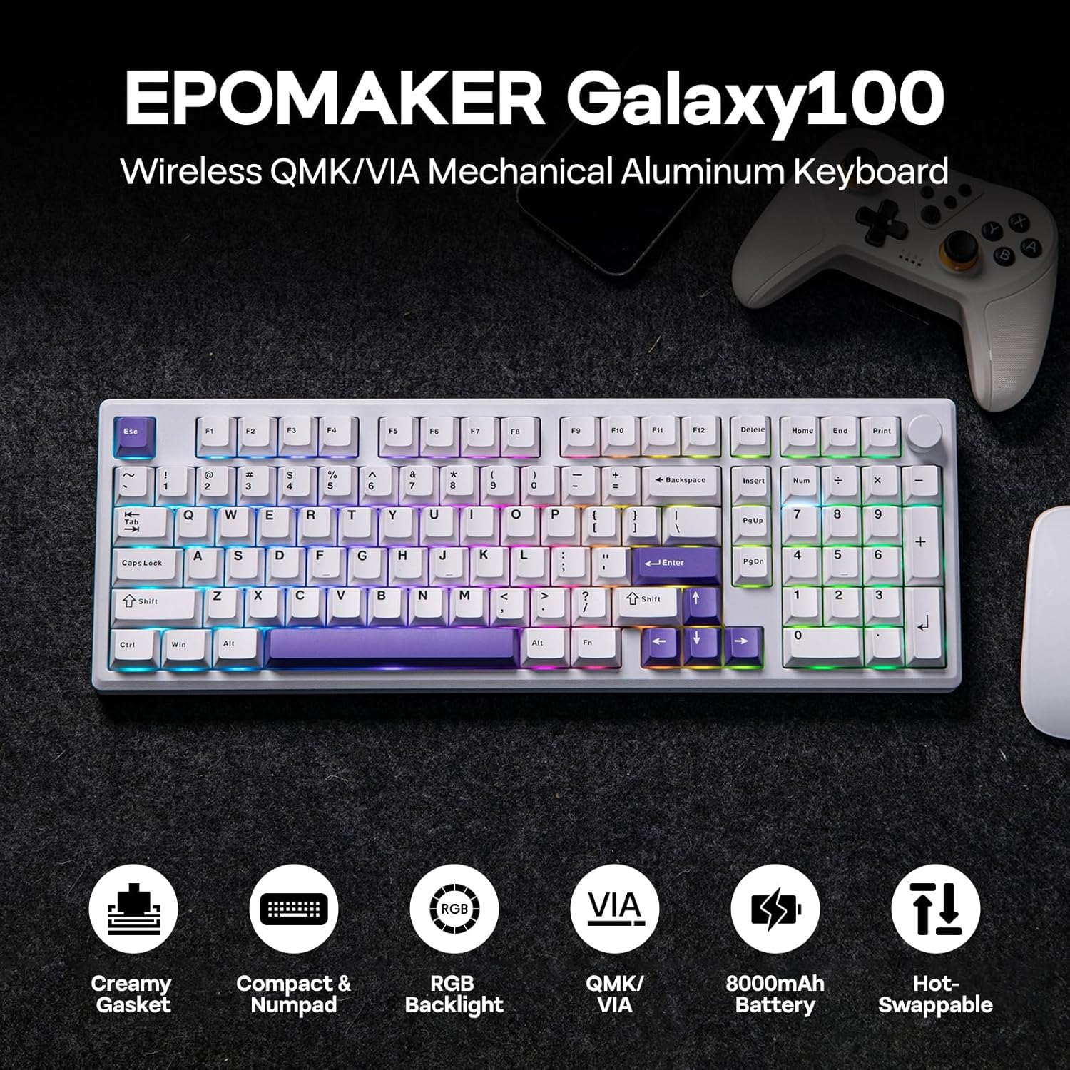 EPOMAKER Galaxy100 QMK/VIA Wireless Mechanical Keyboard, 8000Mah Battery, CNC Aluminum, Full Size Gaming Keyboard, Numpad, Usb-C/Bt5.0/2.4Ghz, Hot Swappable (White Purple, Wisteria Linear Switch) image number 6