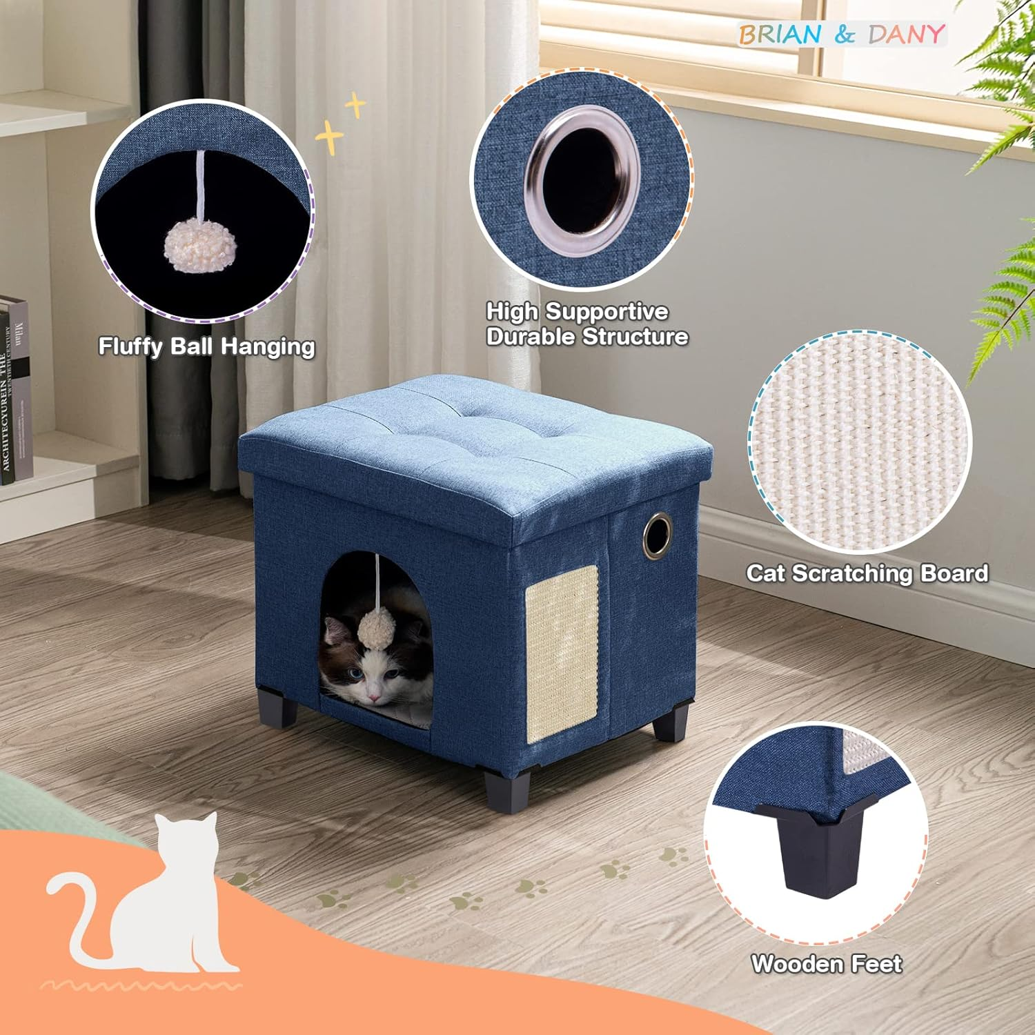 BRIAN & DANY Collapsible Cat Cave for Indoor Cats, Multifunctional Cube Cat House with Cat Scratch Board & Ball, 37X 31.8 X 36 Cm, Blue image number 3