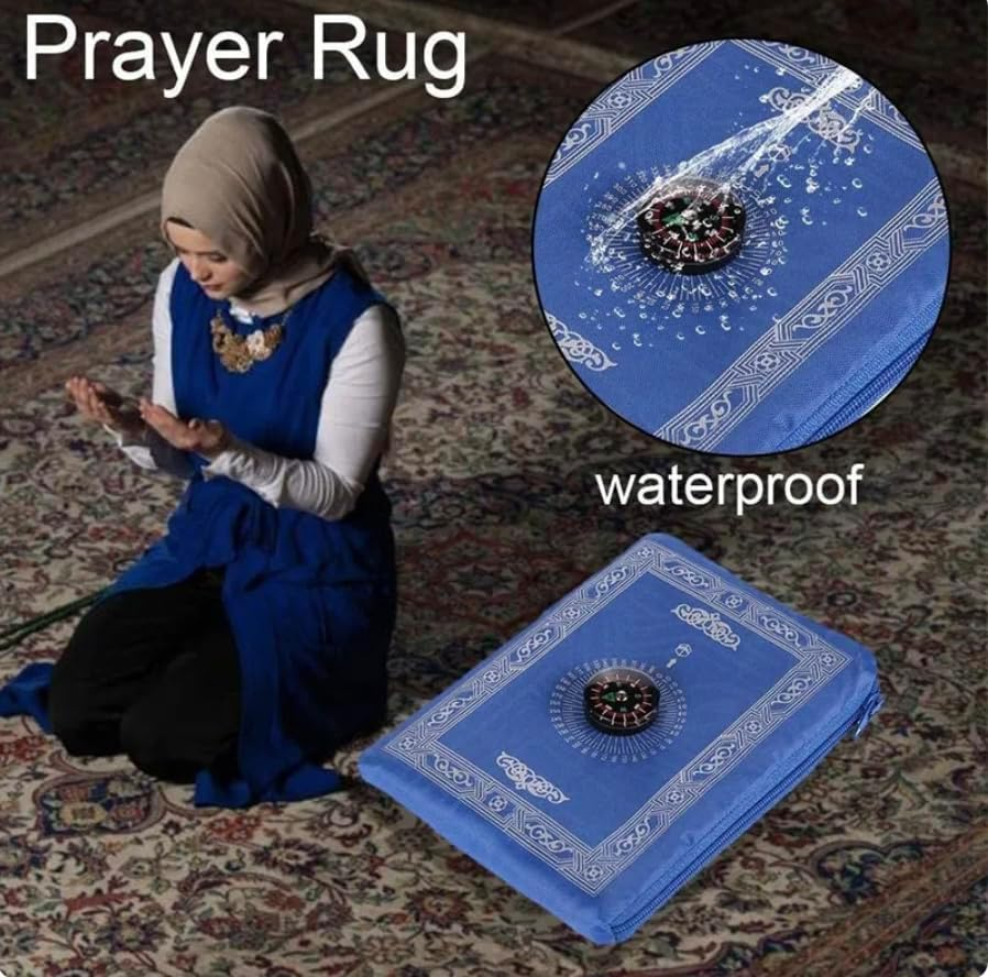 Portable Muslim Prayer Mat, Travel Prayer Mat with Compass, Pocket Sized Carry Bag, Qibla Finder Prayer Mat 60/100 Cm, Blue Color image number 6