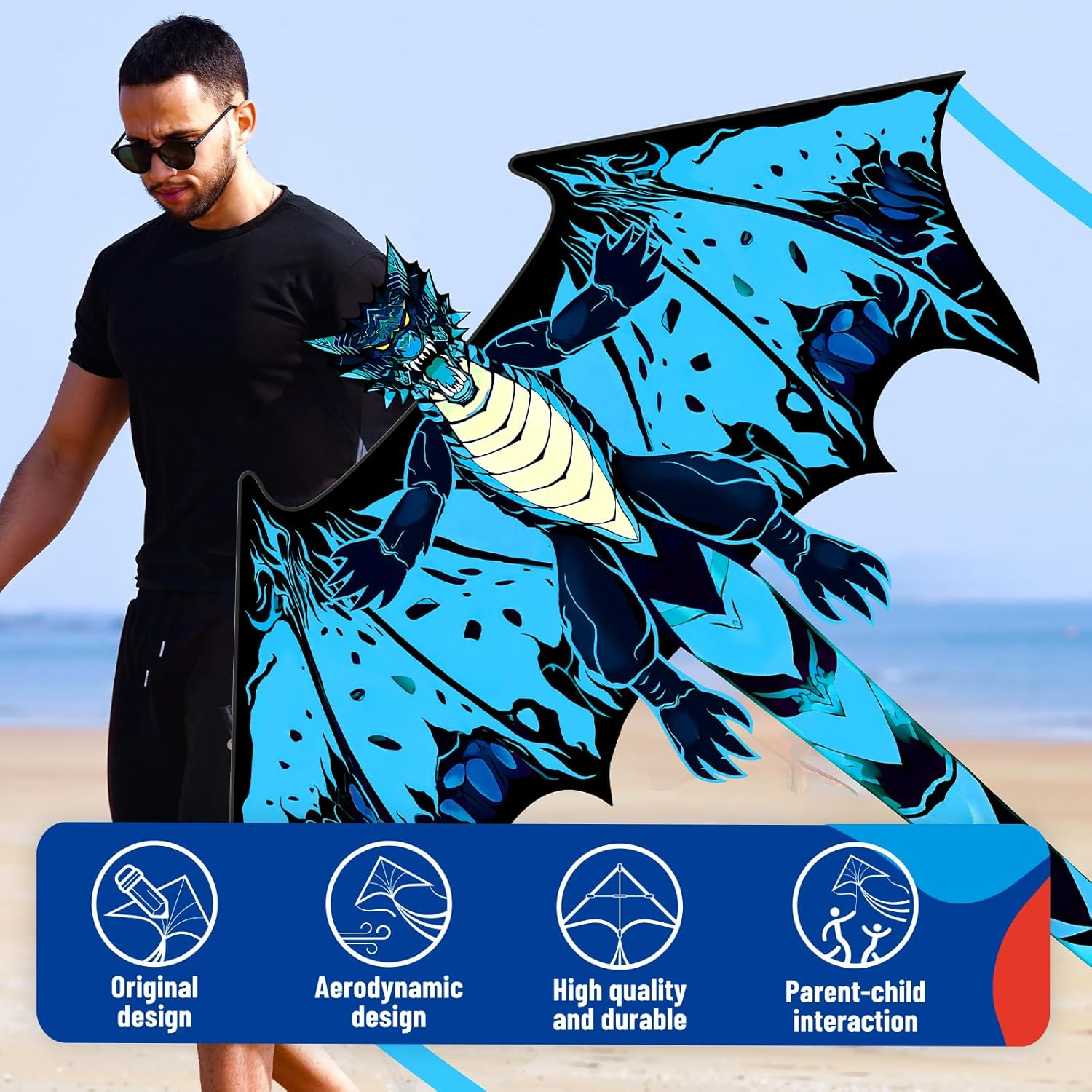 Sgftre Red Evil Dragon Kite for Kids & Adults Easy to Fly,Single Line String with Tail for Beach Flying Kites,Kite for Outdoor Activities Family Parties and Beach Games - Blue Evil Dragon image number 6
