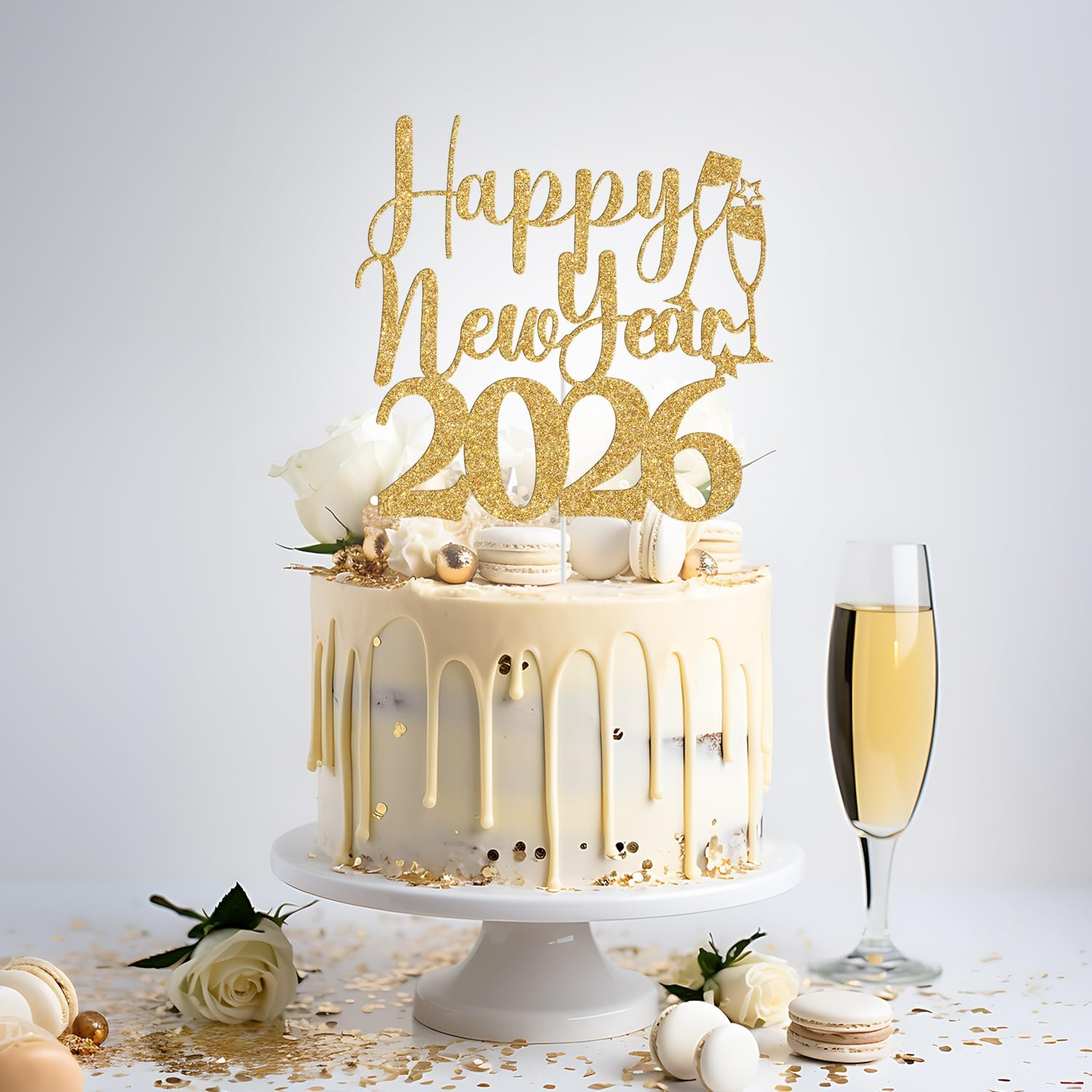 Happy New Year 2025 Cake Topper, Happy New Year Cake Decorations, Welcome 2025, Hello 2025, Christmas Holiday New Years Eve Party Decorations, Gold Glitter - Rose Gold Glitter image number 2