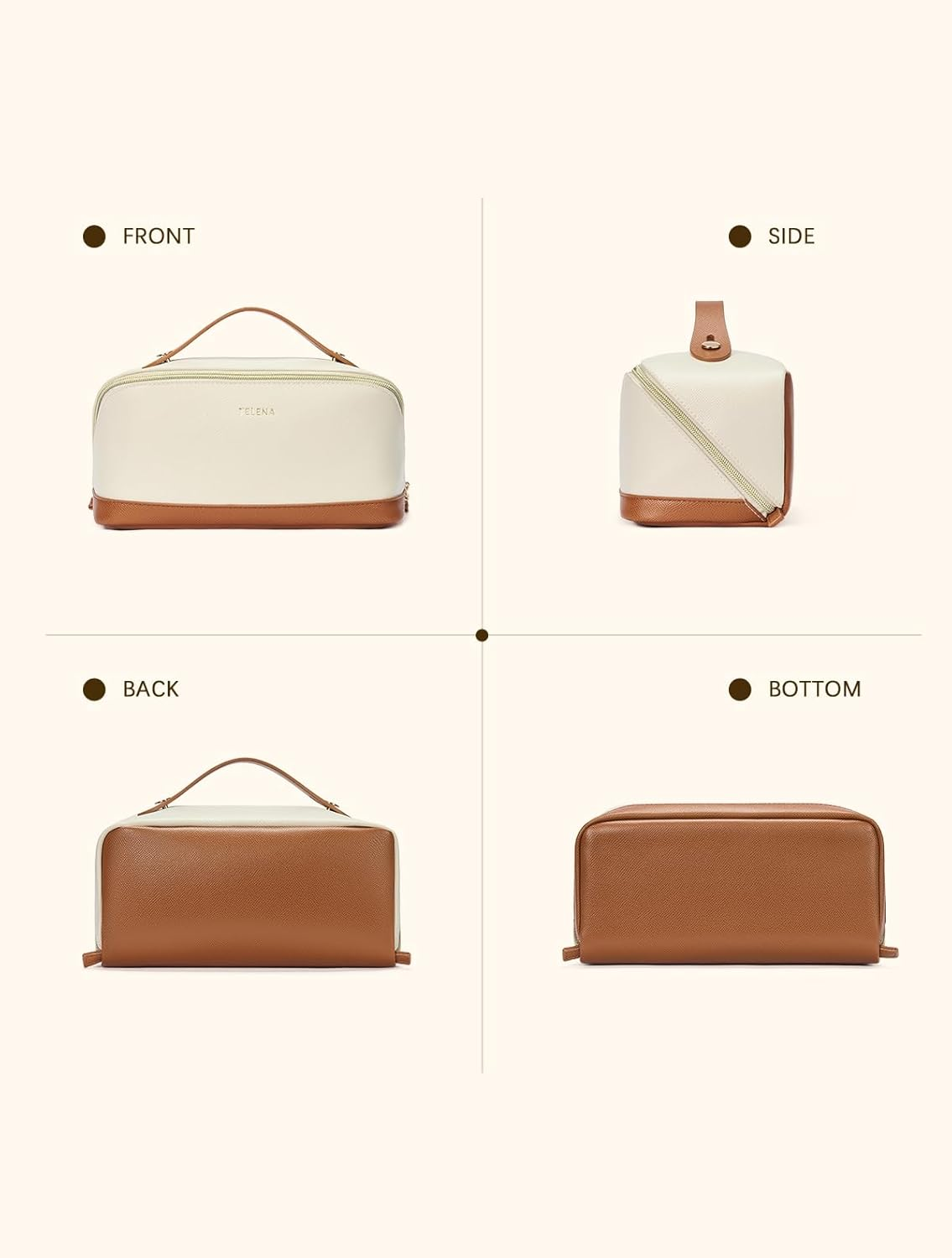 Telena Leather Make up Bag Portable Travel Makeup Bag Waterproof Cosmetic Bags for Women Large Capacity with Handle and Divider Open Flat, 0-Beige with Brown, Stylish - 0-Beige With Brown image number 1