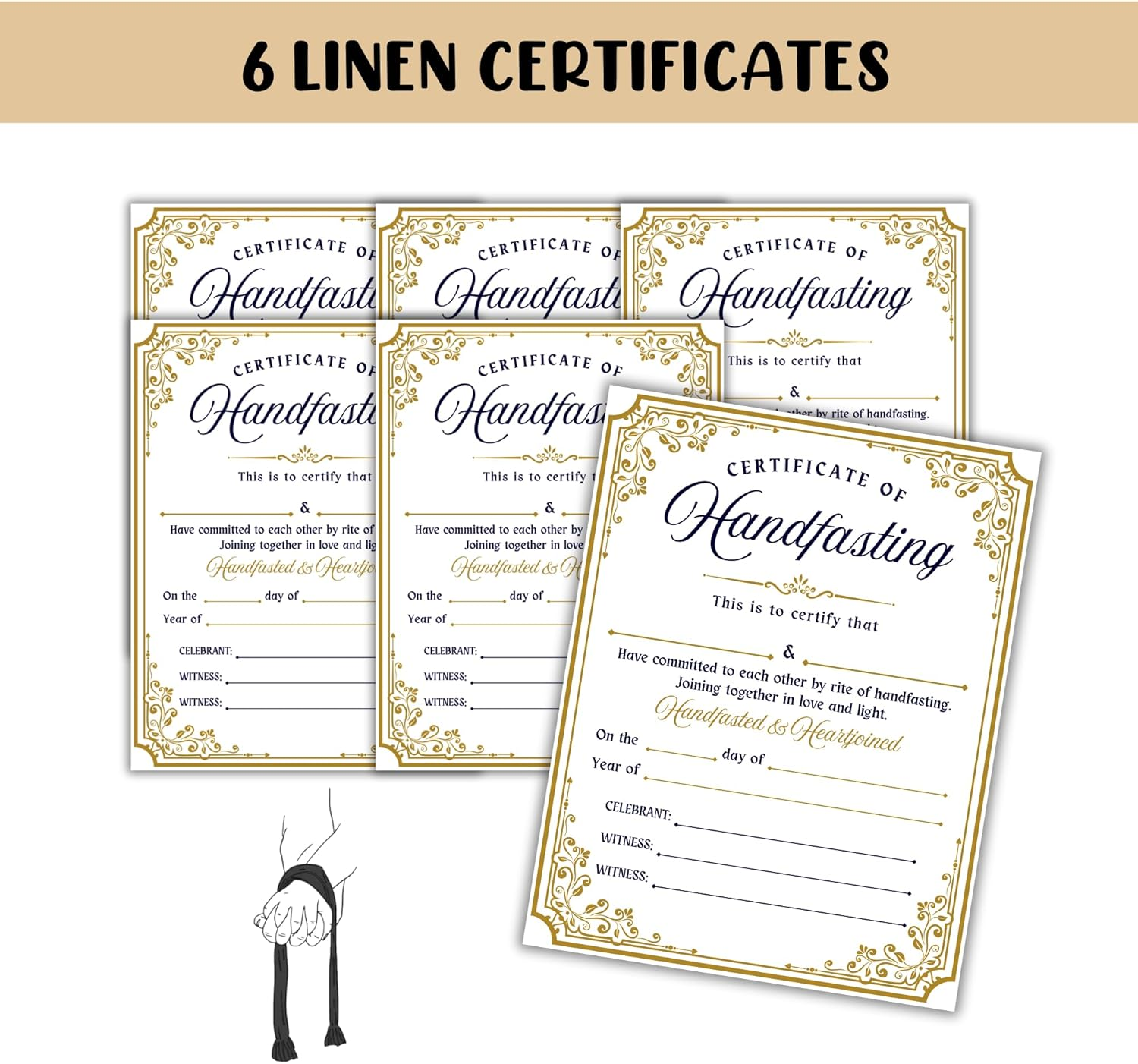 Handfasting Union Ceremony Certificate Cord Ribbon 6Pk 8.5X11&rdquo; on Linen Commitment Bound Celtic Medieval Secret Partner Parchment Marriage image number 1