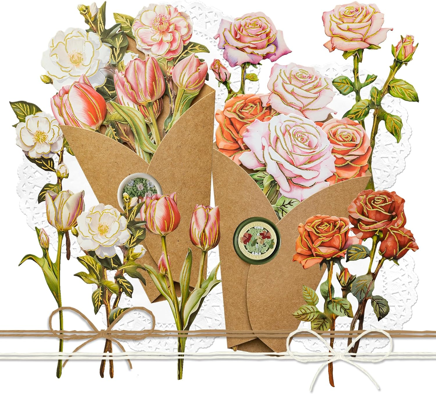 Flower Bouquet Craft Kit DIY Paper Rose Bouquet Thick Paper Cutout of Tulip with Long Branch Camellia Foil Stamping Peony Die-Cut Hard Floral Bunch for Scrapbooking Card Making Mother'S Day (Kary)