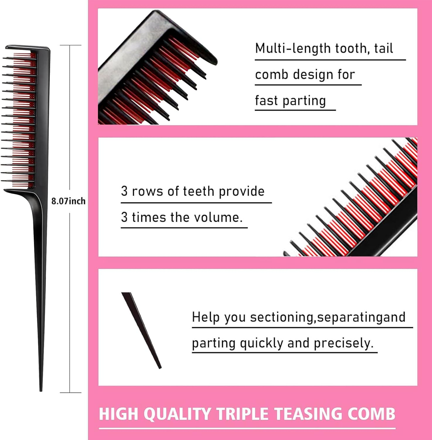 8 Pieces Styling Comb Set - Teasing Brush, Rat Tail Comb, Edge Brush for Slicking and Combing Hair for Women (Pink) - Black image number 4
